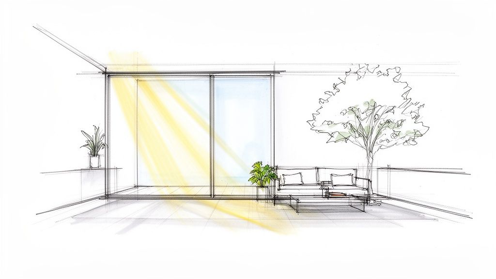 Arkitektonisk skitse af et rum med en skydedør, sollys, planter og et træ.
