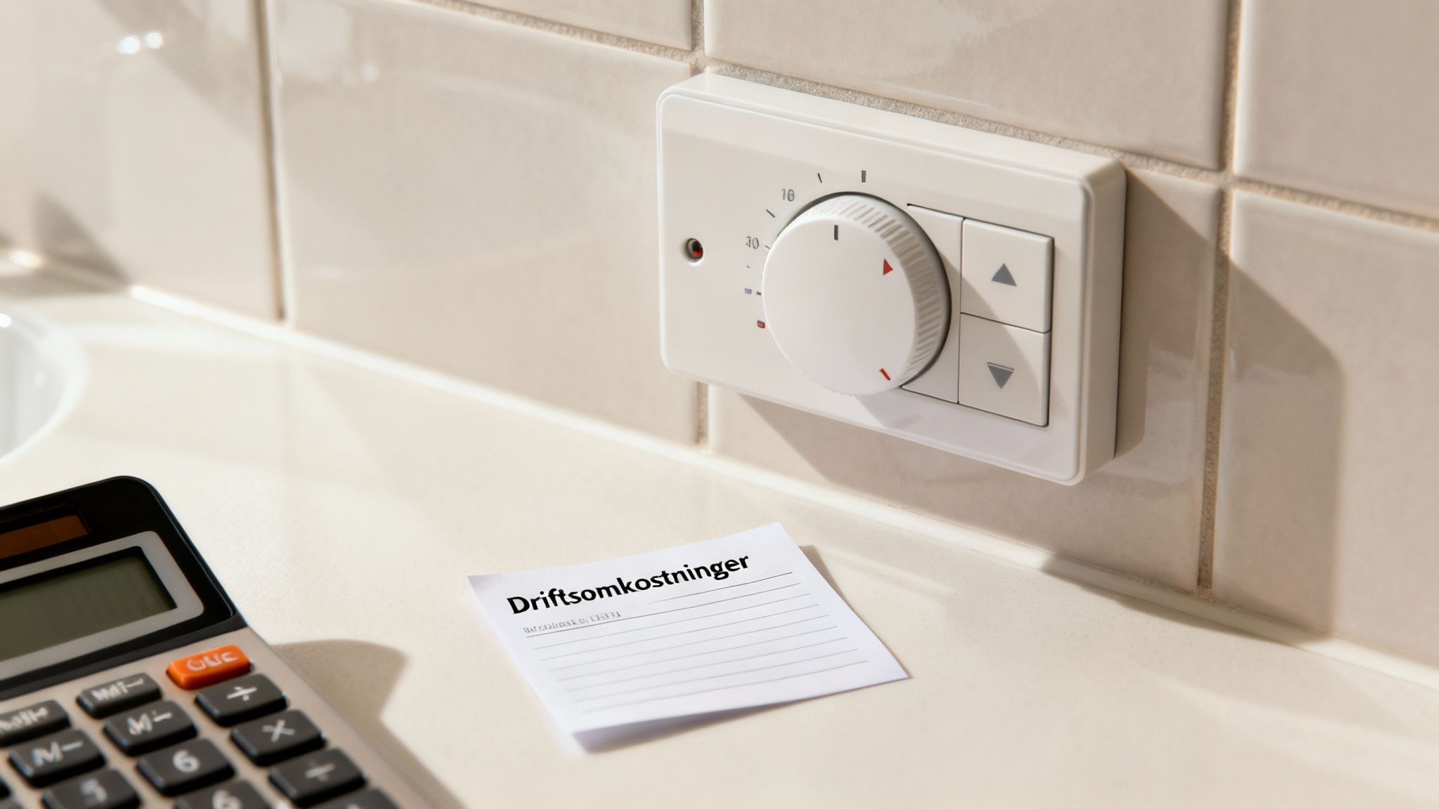 Termostat til el-gulvvarme på et badeværelse med lommeregner og seddel om driftsomkostninger.
