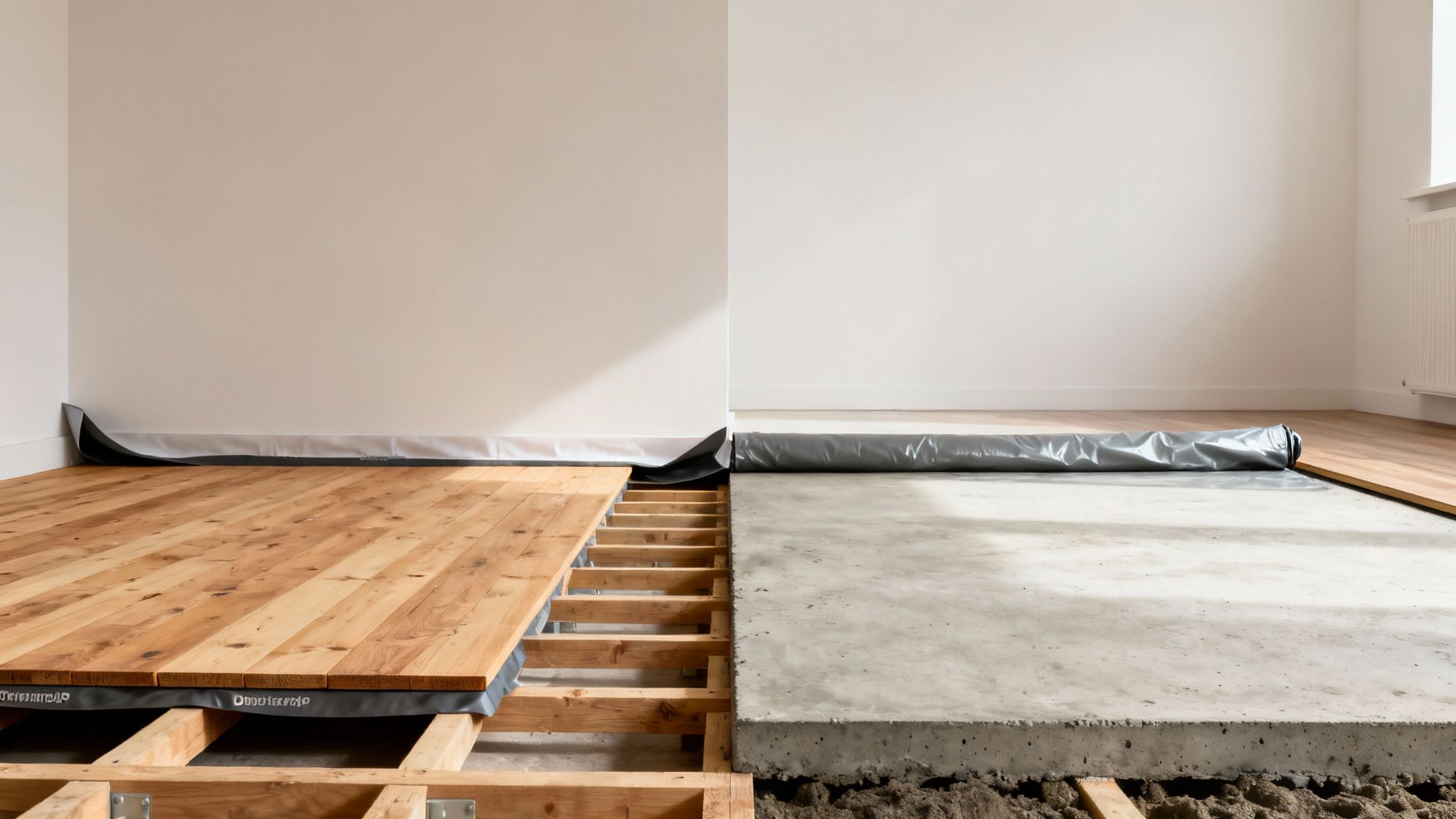 Dobbeltbillede af gulvkonstruktion, der viser trægulv på strøer med dampspærre og et betongulv under opbygning.