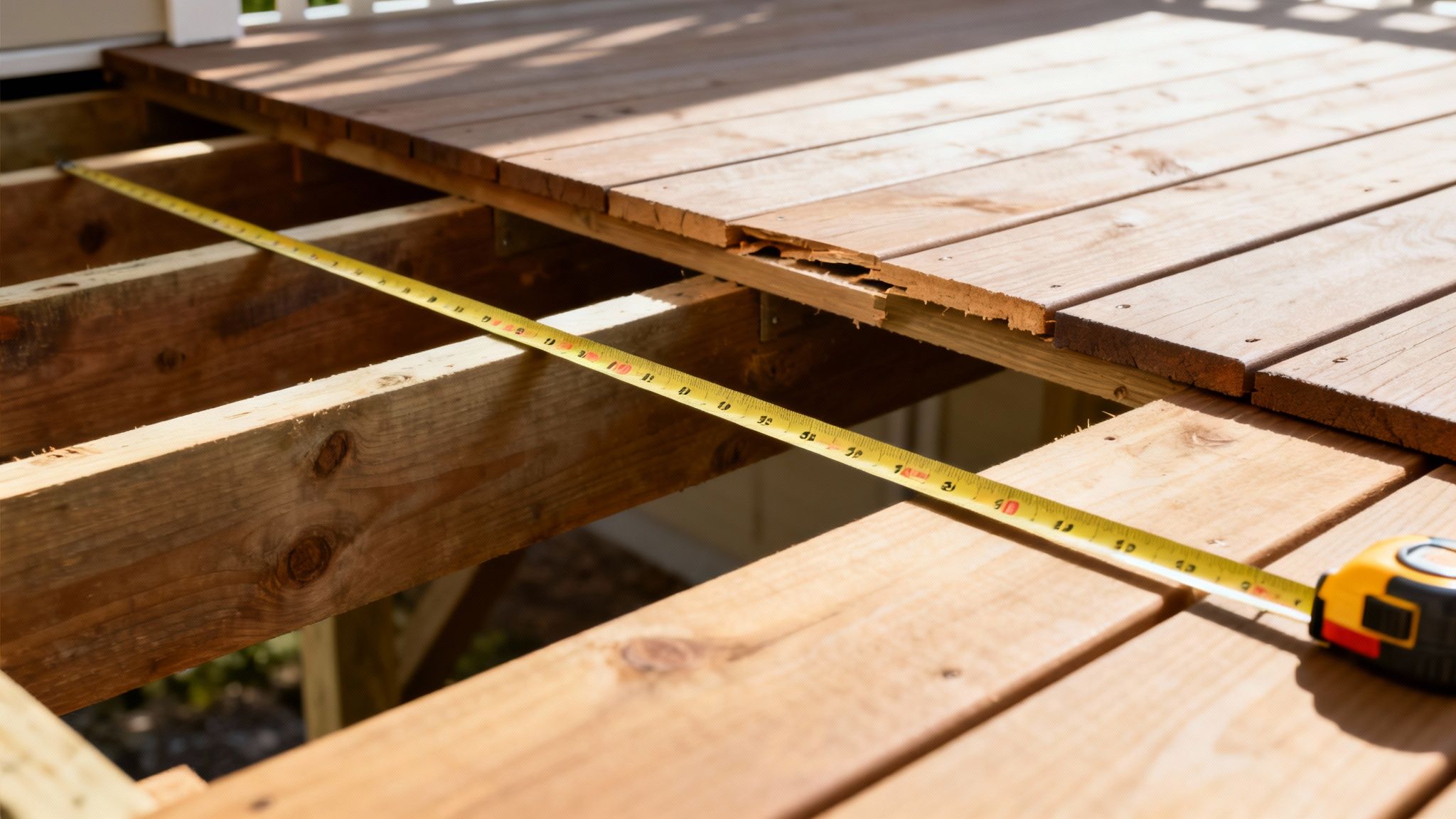 Et målebånd måler afstanden mellem træstrøer under en delvist bygget terrasse.