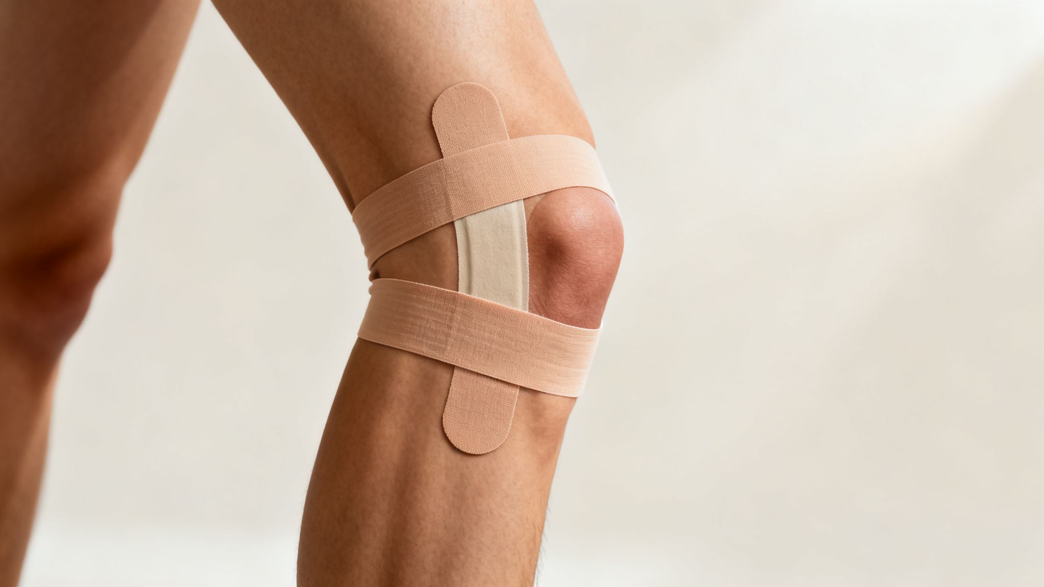 Nærbillede af et knæ med korrekt anlagt kinesiotape for støtte og restitution.