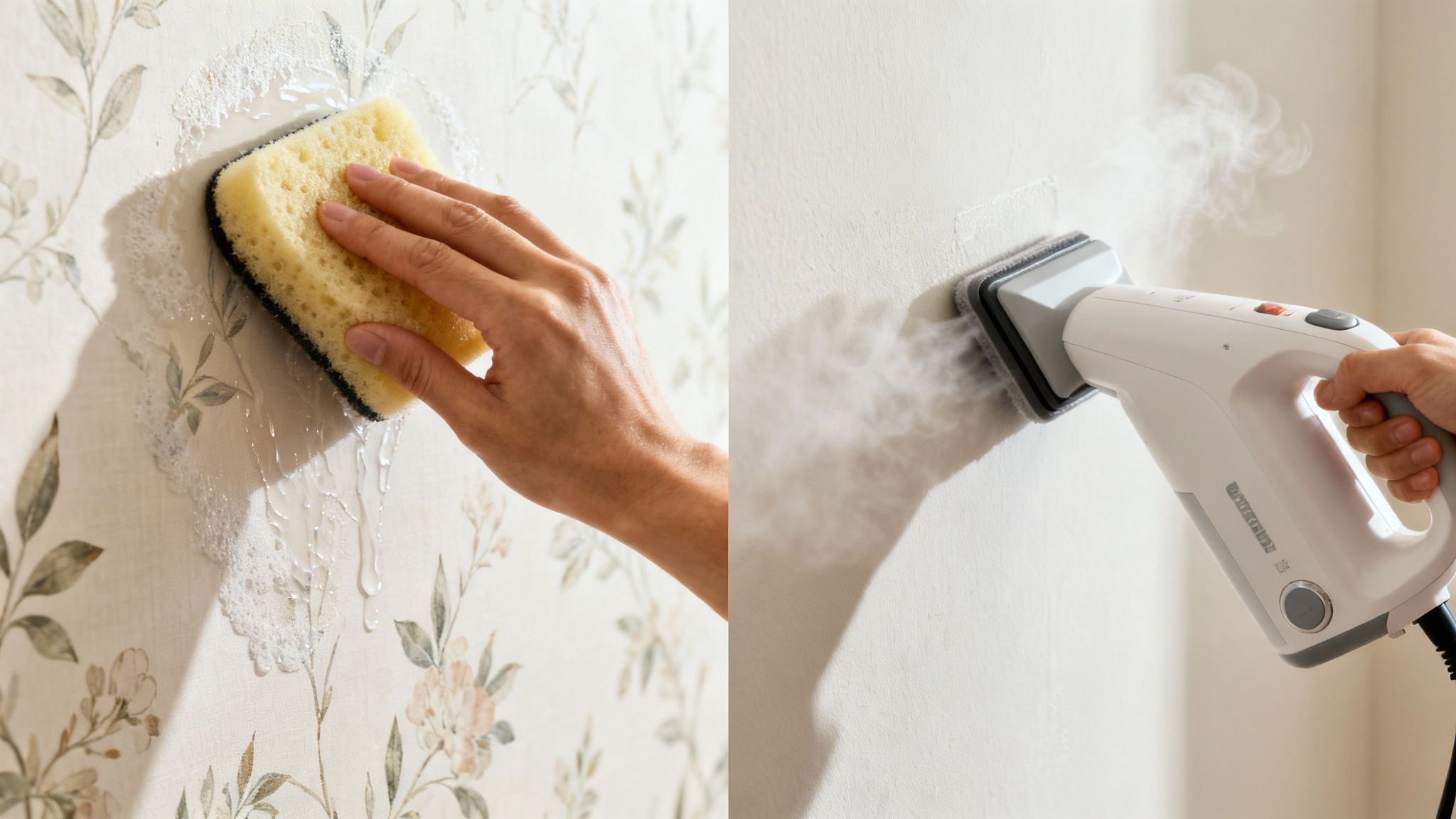 En person bruger en svamp med sæbevand på blomstret tapet og en damprenser på en hvid væg, som metoder til at fjerne tapet.