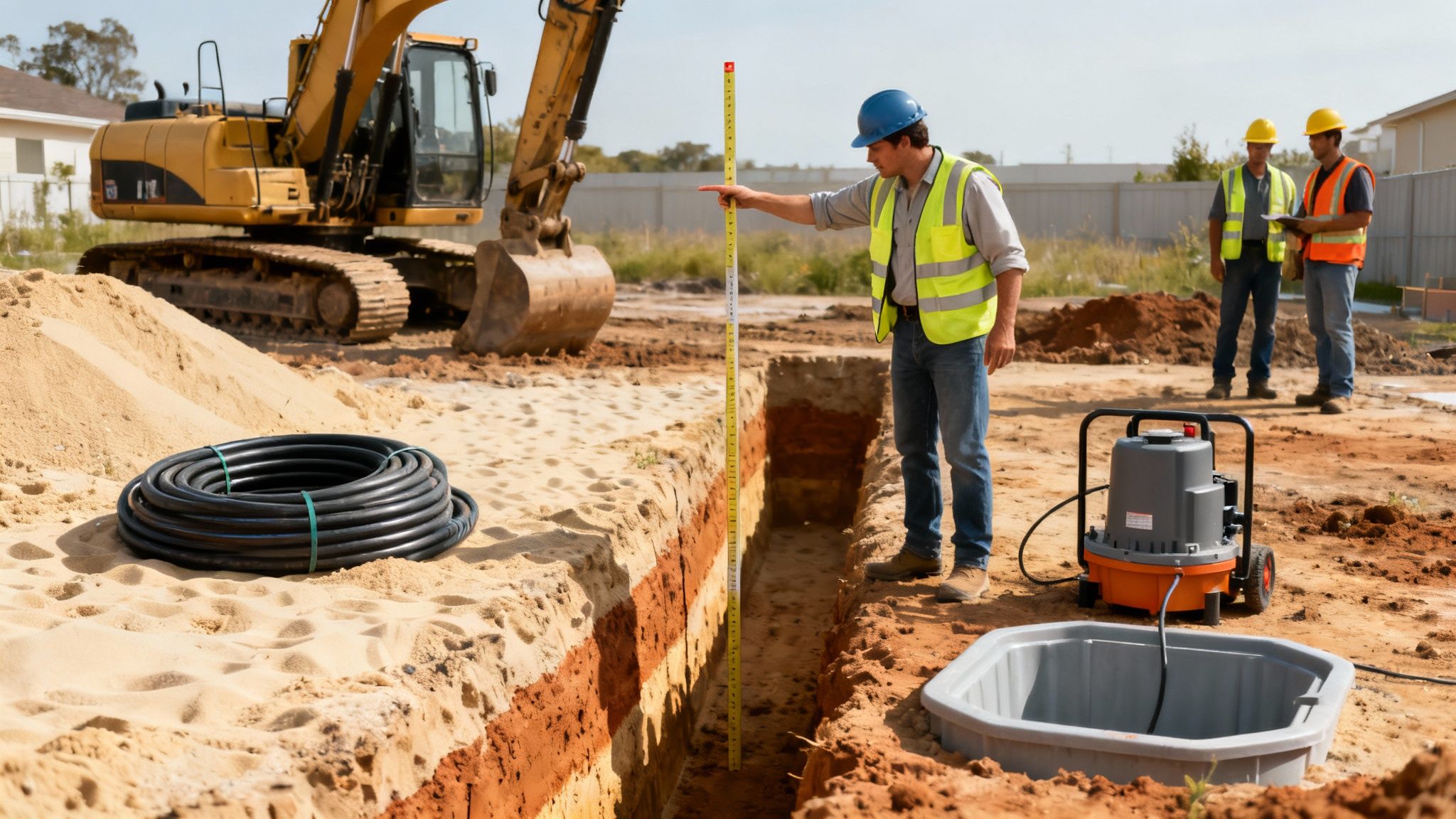 Byggearbejdere med en gravemaskine på en byggeplads måler en grøft til omfangsdræn.