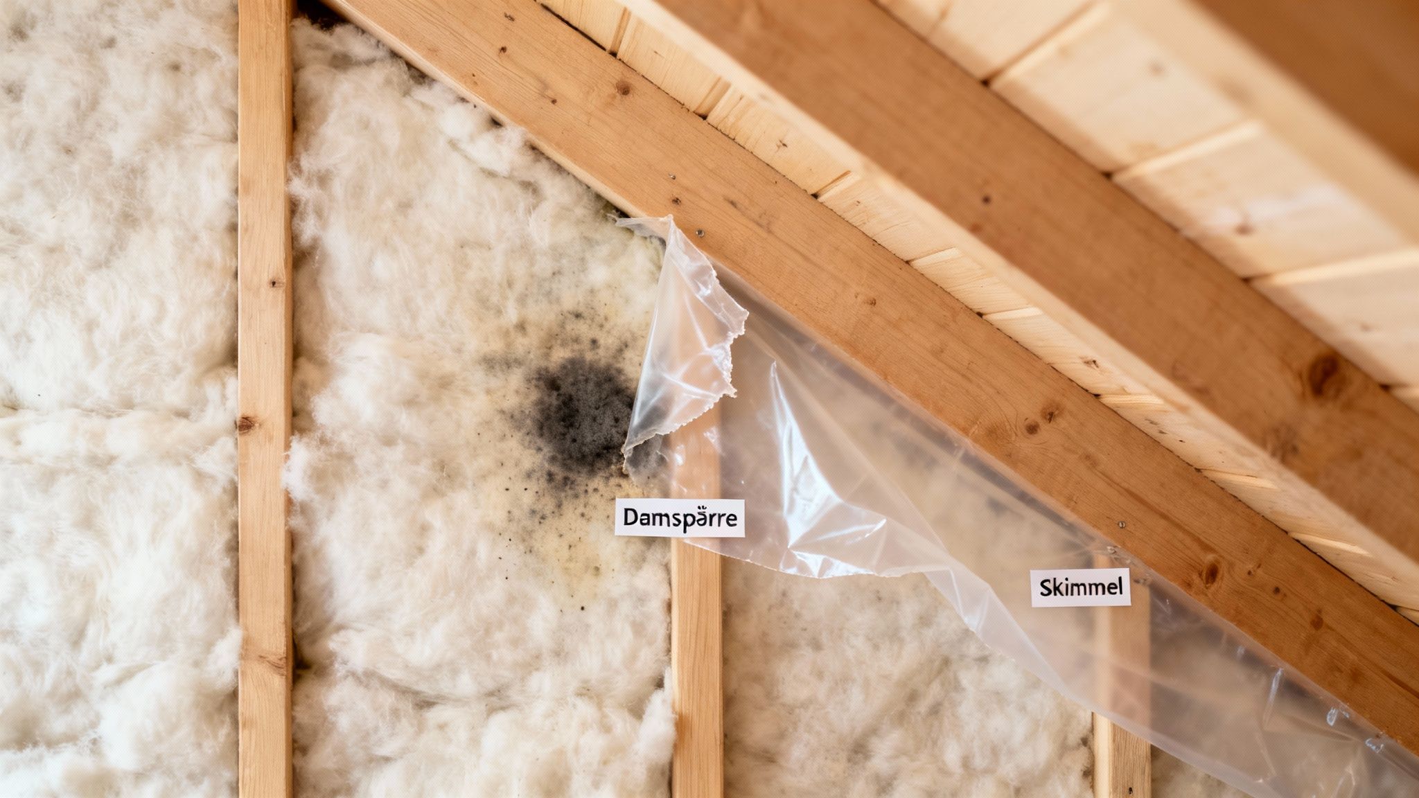 Billede af sort skimmelvækst på isolering bag en beskadiget dampspærre og trækonstruktion i et loft.