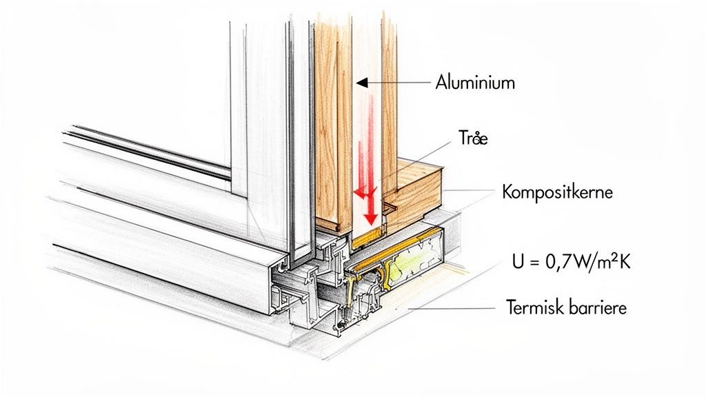 Detaljeret tværsnit af et vindueskarm, der viser aluminium, træ, kompositkerne og termisk barriere med varmeoverførsel.
