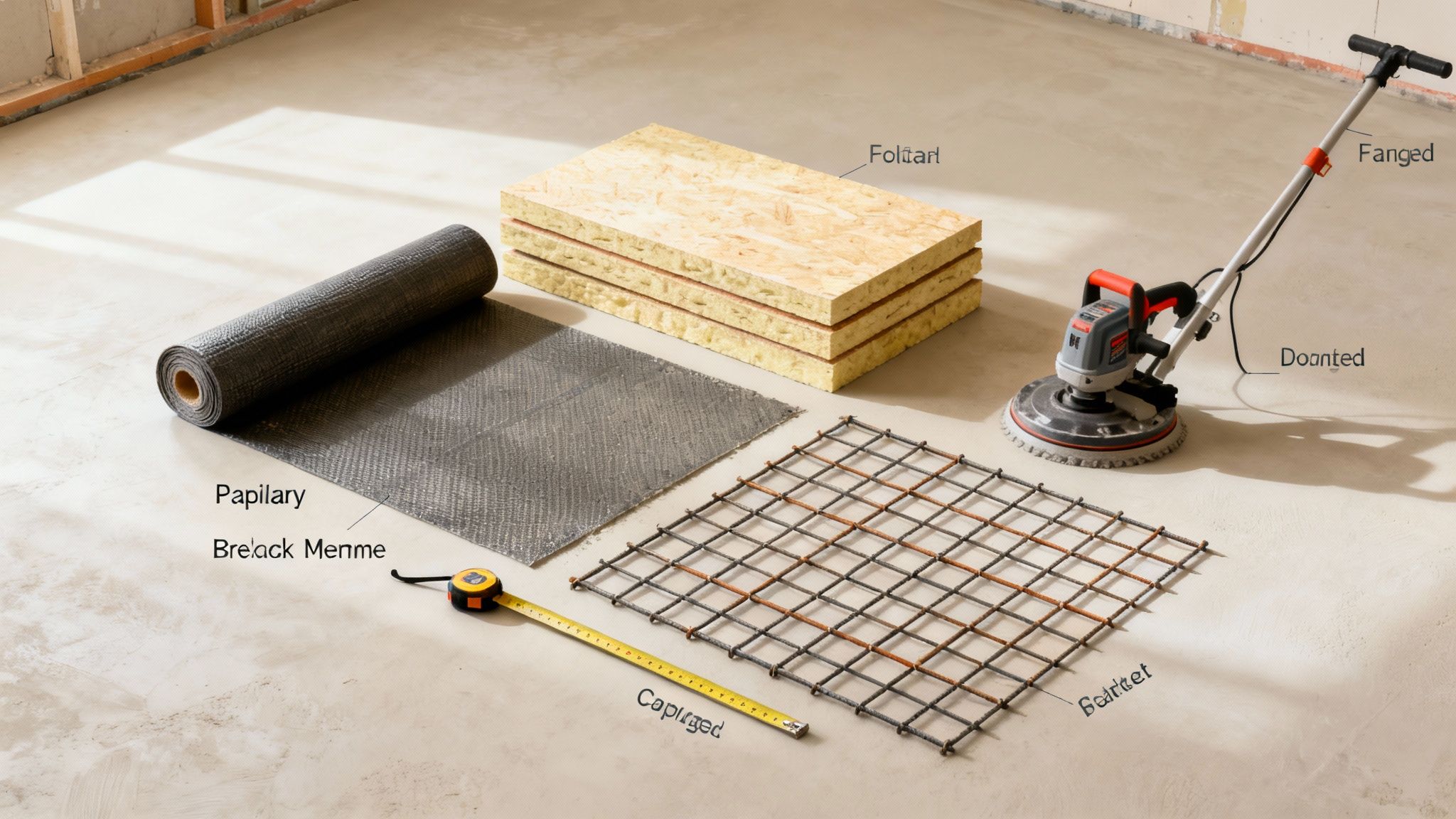 Forskellige materialer og værktøjer til gulvkonstruktion, herunder isolering, armeringsnet og en gulvsliber, klar til gør-det-selv projekt.