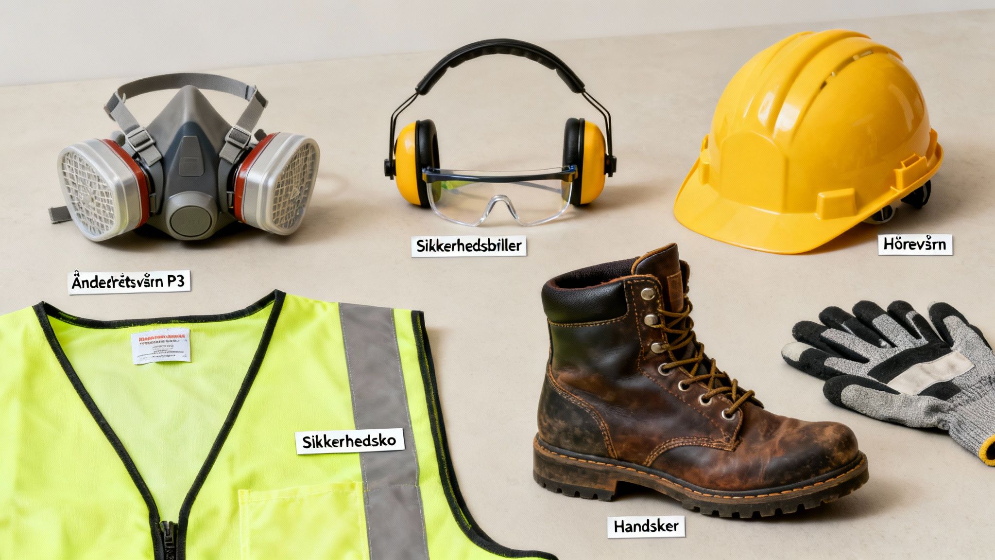 Et udvalg af personligt beskyttelsesudstyr, herunder åndedrætsværn, sikkerhedsbriller, høreværn, hjelm, sikkerhedsvest, sikkerhedssko og handsker.