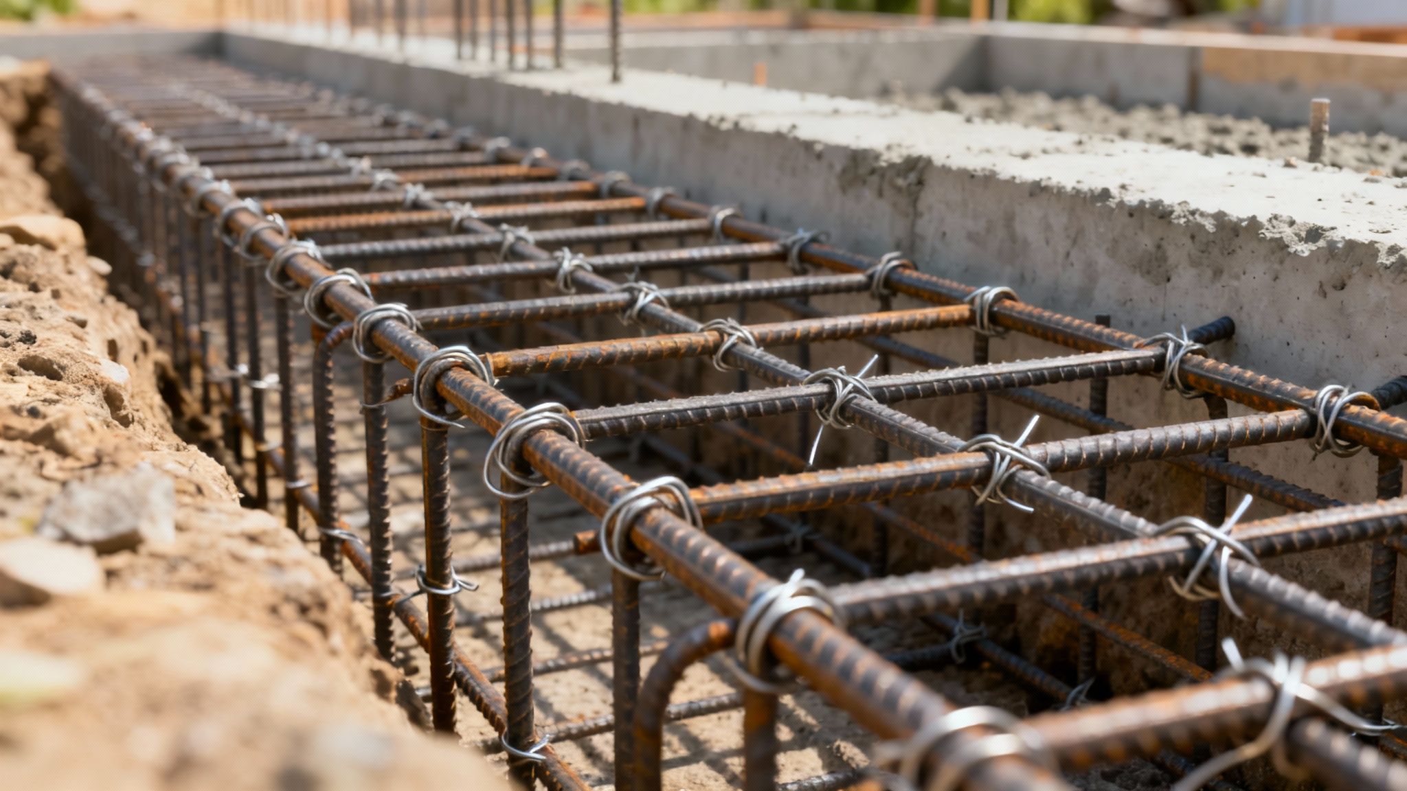 Et nærbillede af armeringsjern, der er bundet sammen i et fundament før støbning.