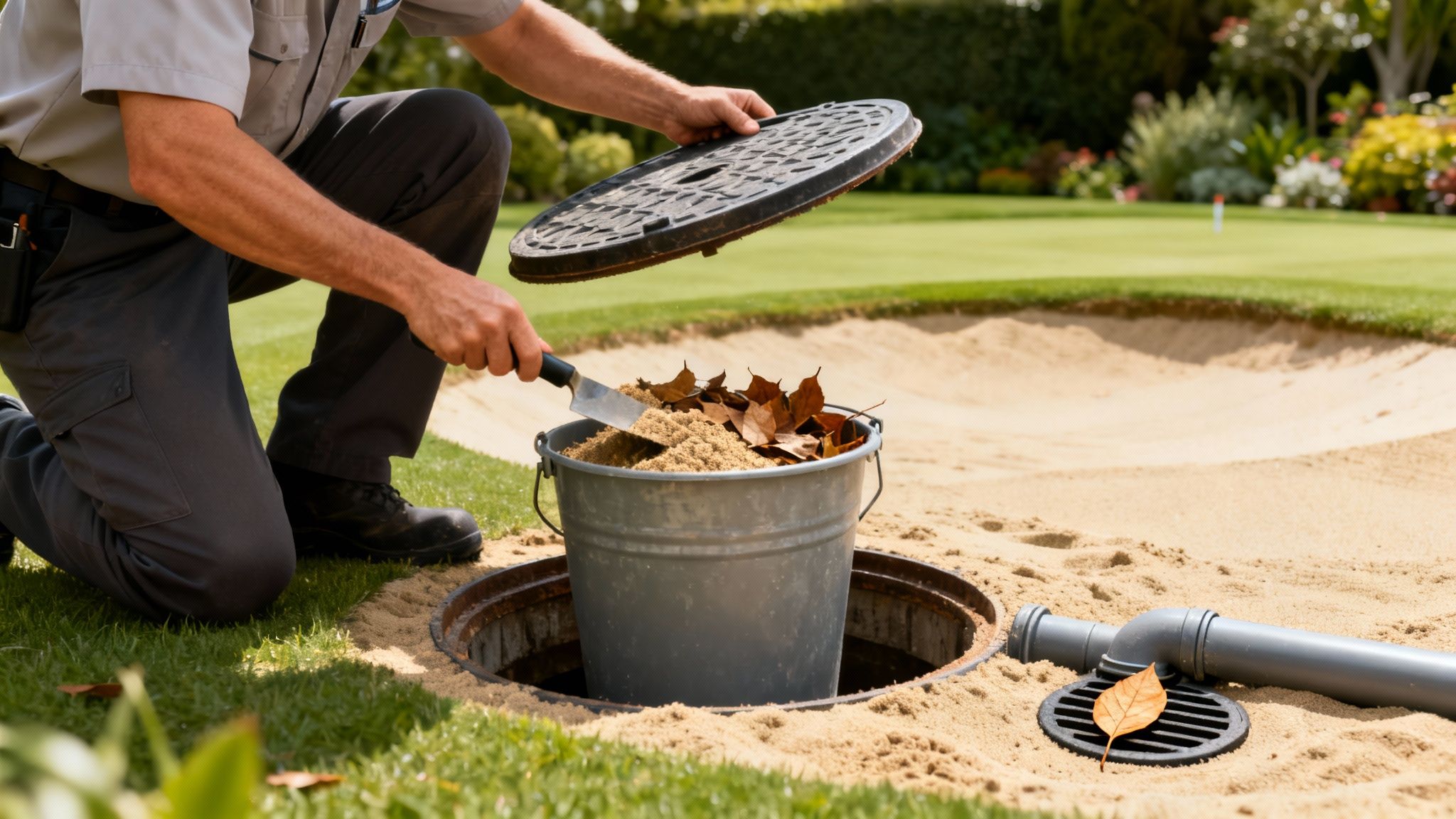 En person renser en brønd for blade og sand på en golfbane med en skovl.