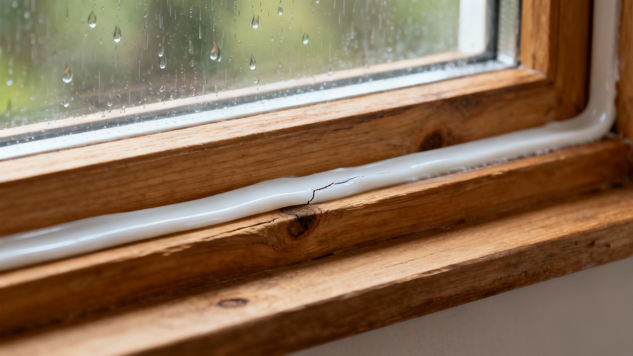 En tømrer fuger omhyggeligt et nyt vindue