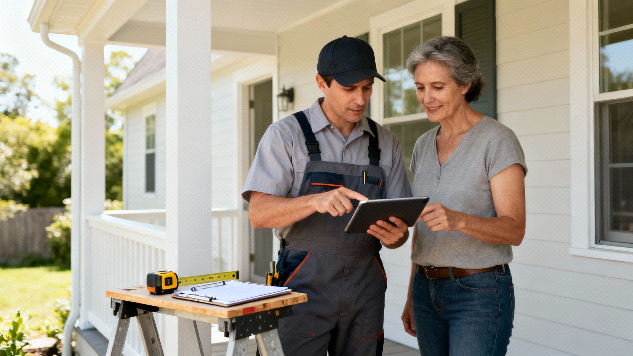 En servicetekniker i uniform viser en ældre kvinde information på en tablet ved en hvid veranda.