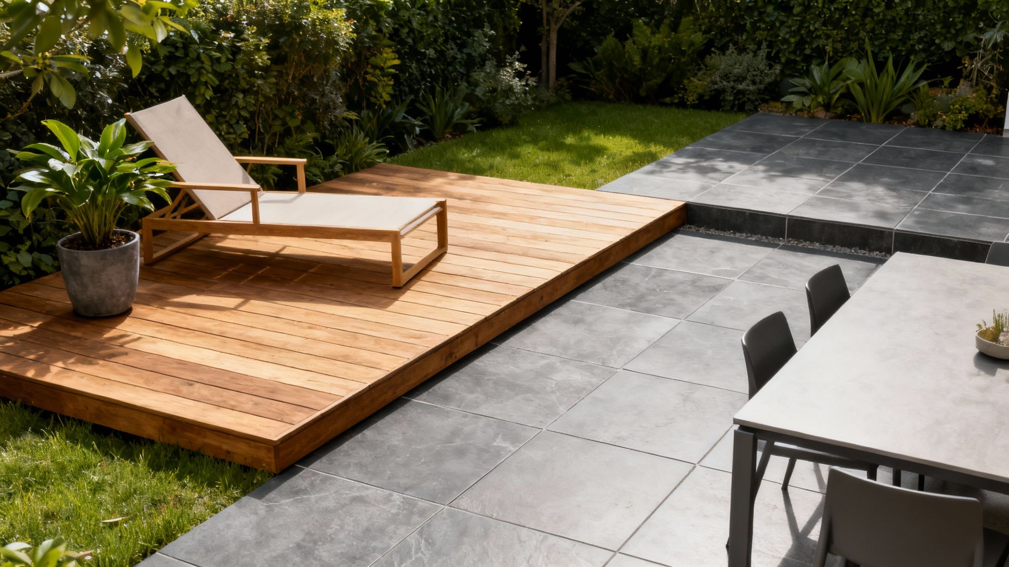 En moderne træterrasse og en stilren fliseterrasse side om side