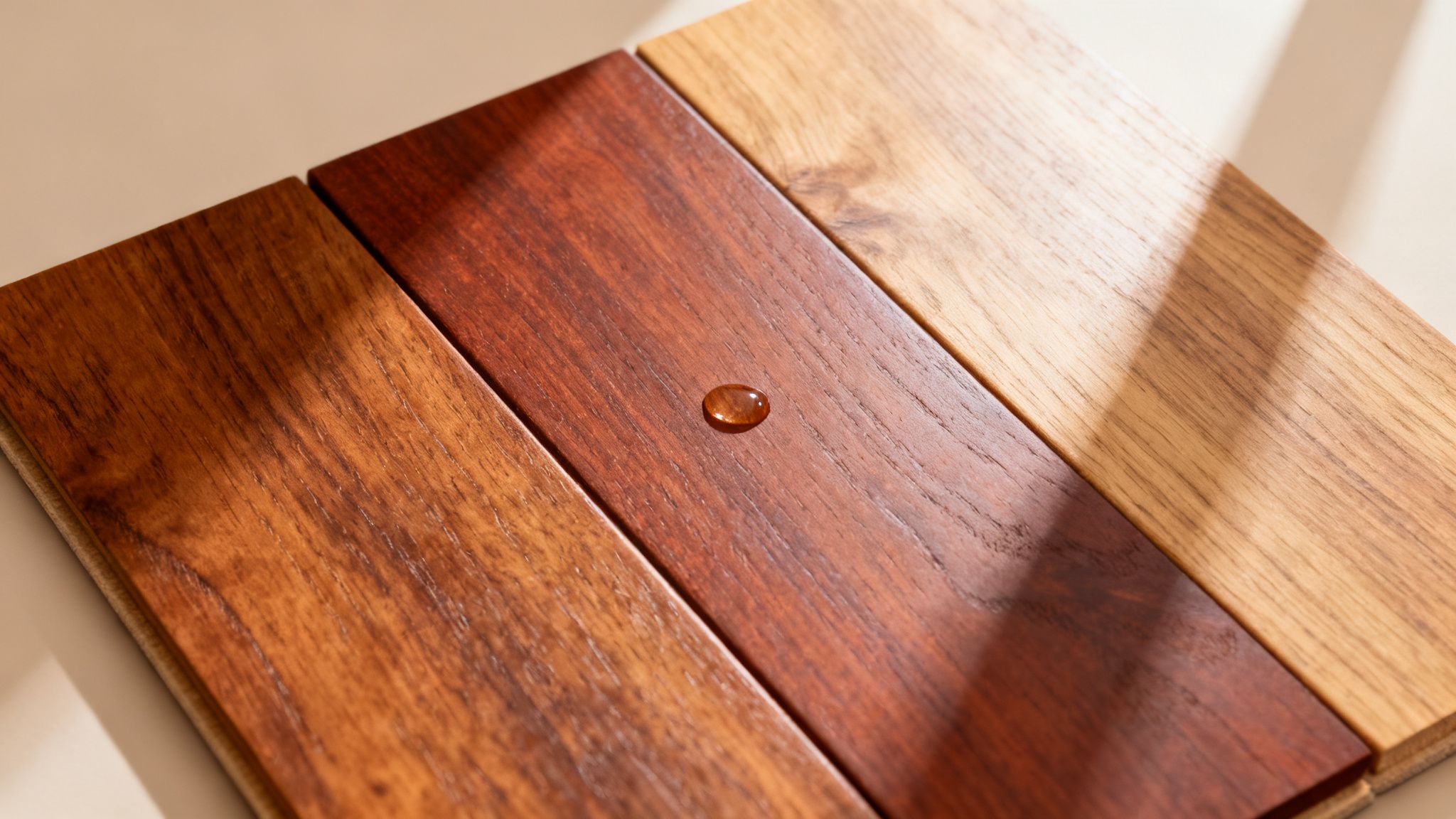 Trægulvsprøver i forskellige nuancer med vanddråbe, der fremhæver overfladebehandling og vandafvisning for badeværelser.