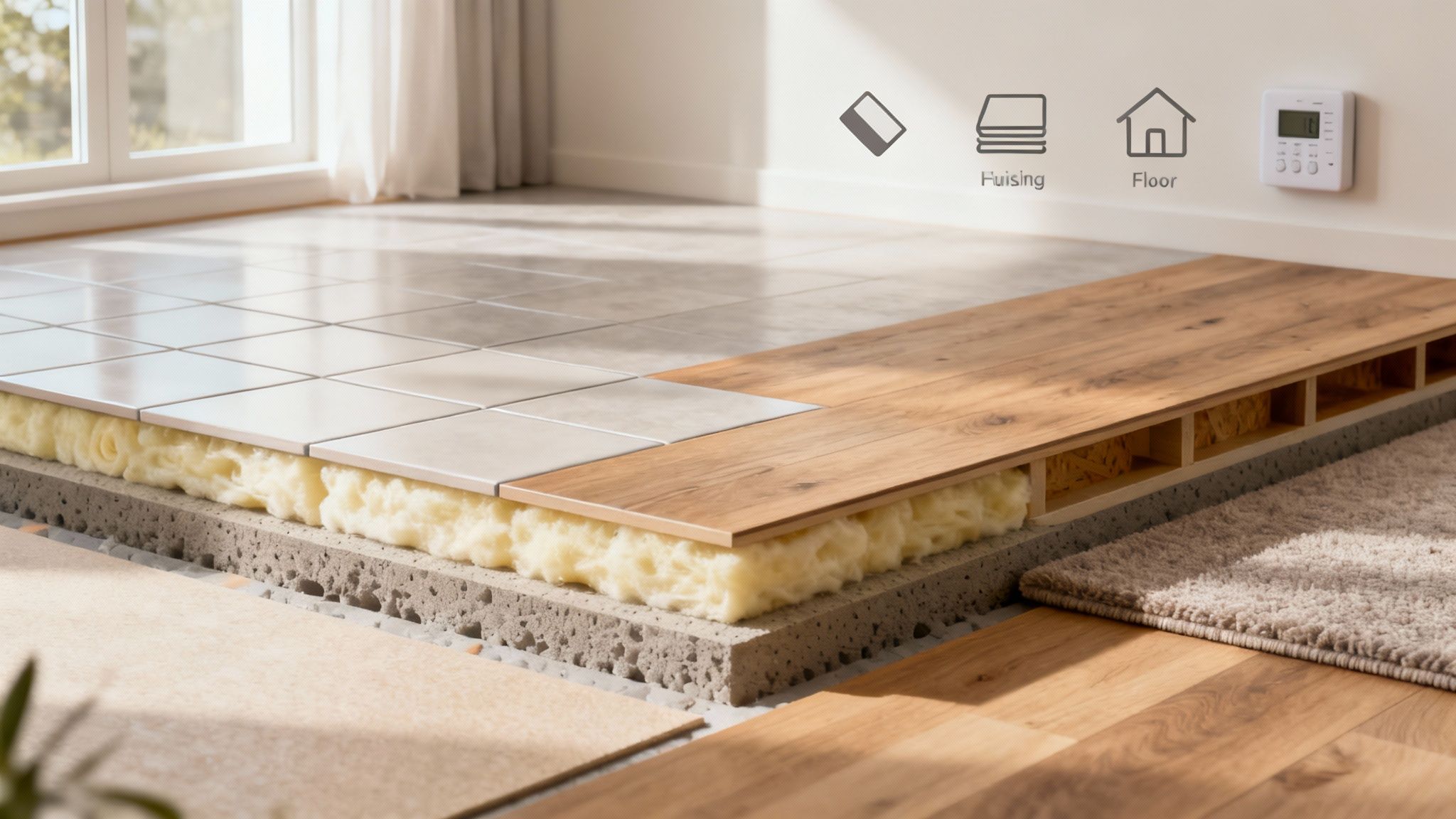 En visualisering af isolering under et trægulv med gulvvarme