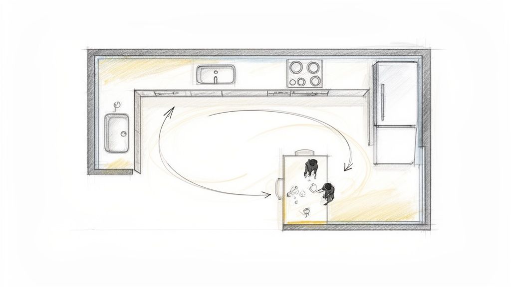 L-formet køkkenindretning med køkkenø, hvidevarer og to personer, der arbejder. Pile illustrerer arbejdsgang.