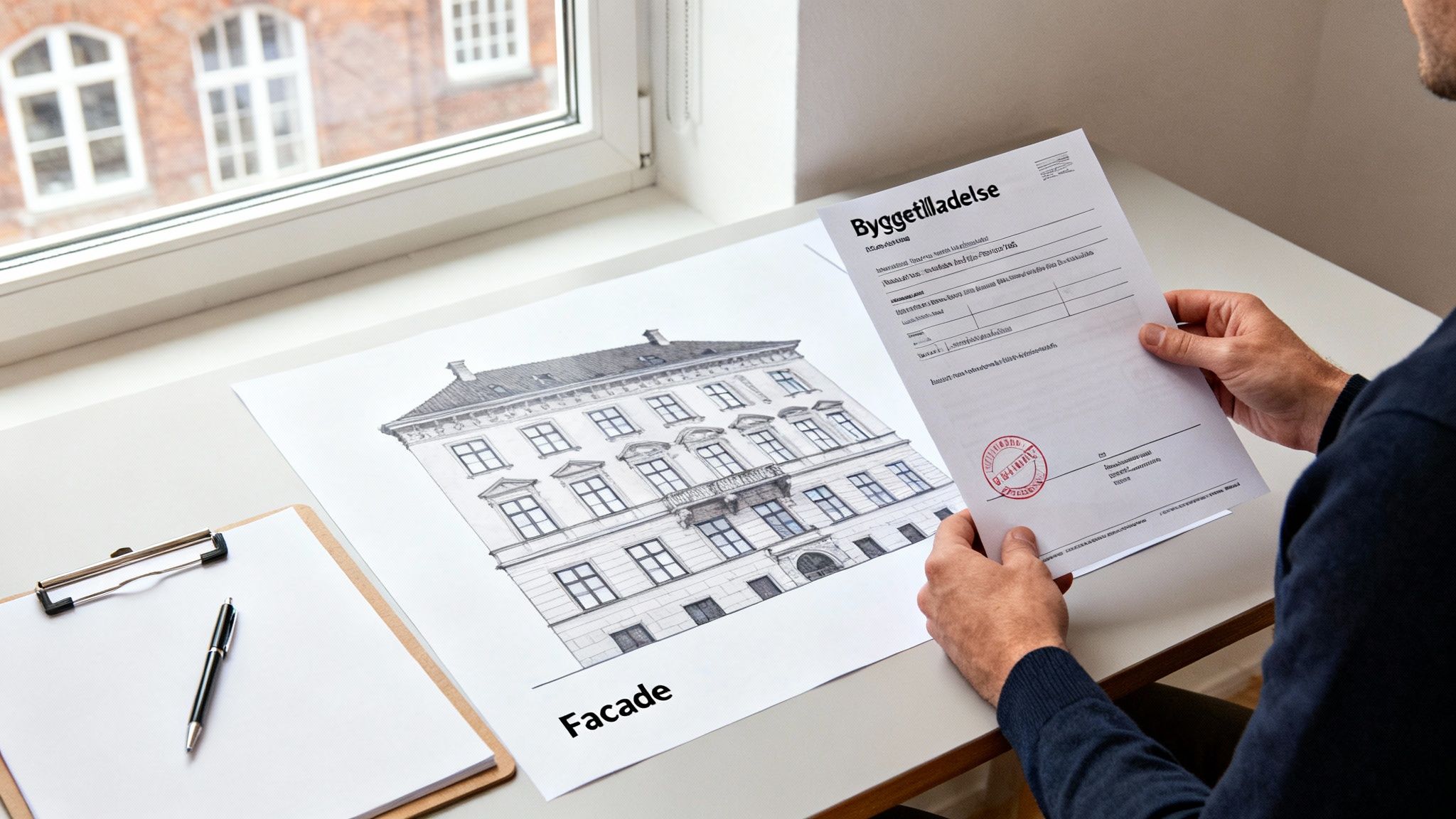 En person holder en byggetilladelse ved siden af en facade tegning af en bygning.