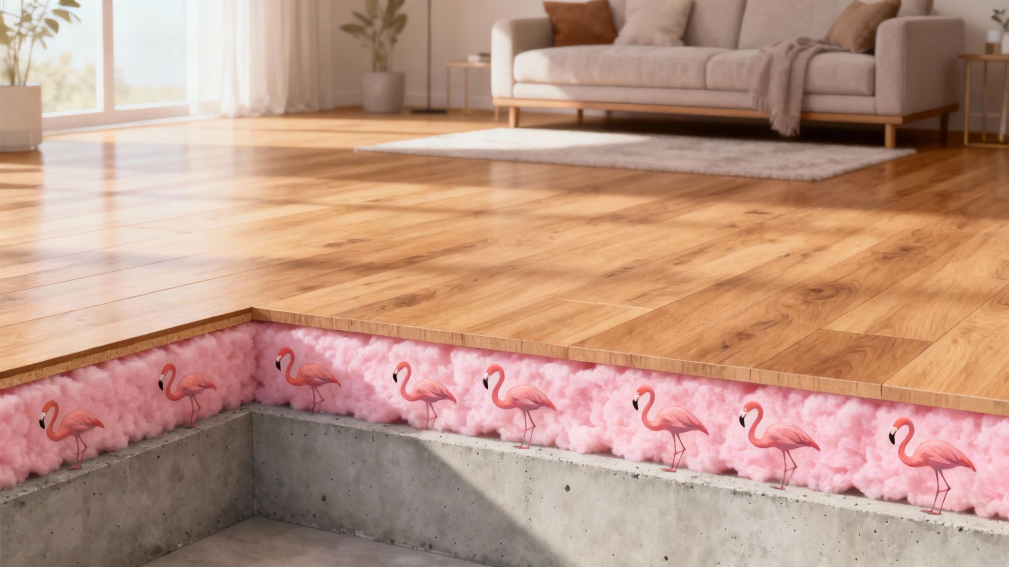 Et gulv under opbygning med flamingoplader lagt som isolering