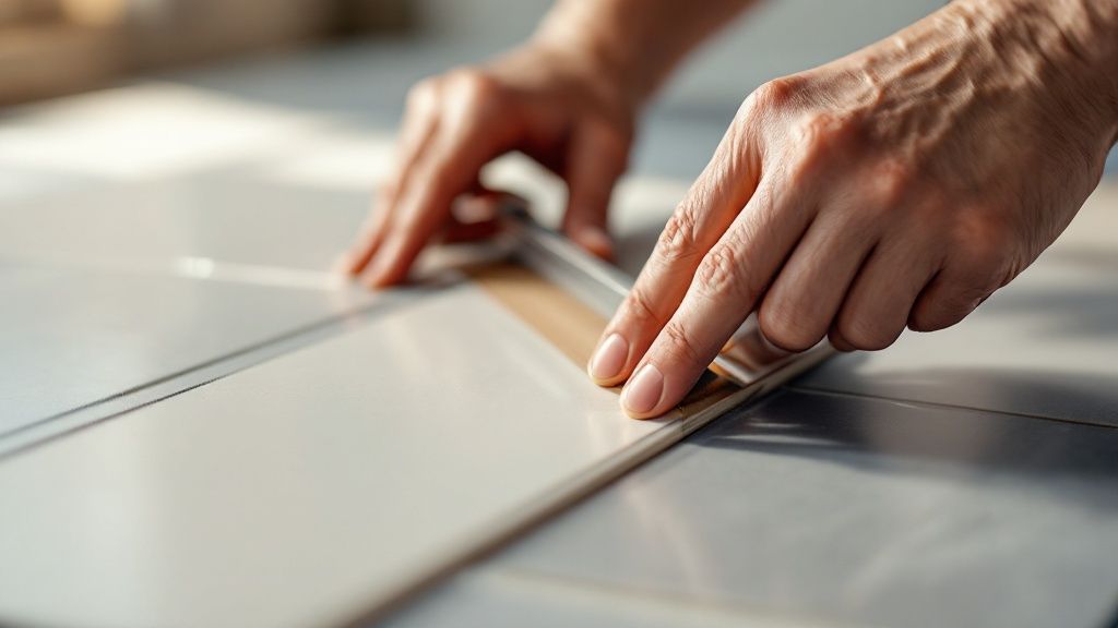 Person der udfører præcis skæring af en flise med professionelt værktøj