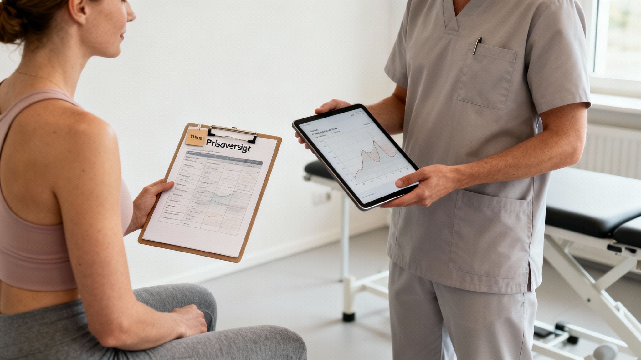 To personer i et medicinsk miljø diskuterer, den ene holder en prisliste og den anden en tablet med en graf.