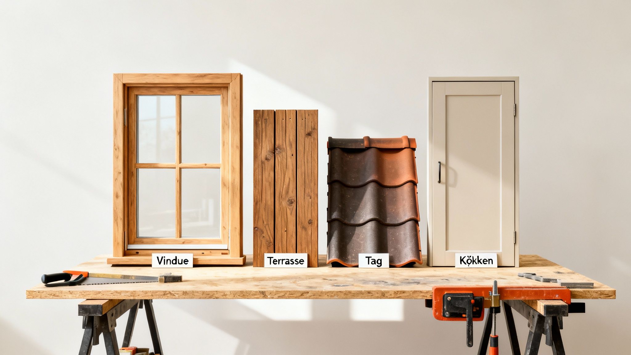 Byggematerialer på et arbejdsbord: vindue, terrassebræder, tagsten og et køkkenskab, med værktøj.