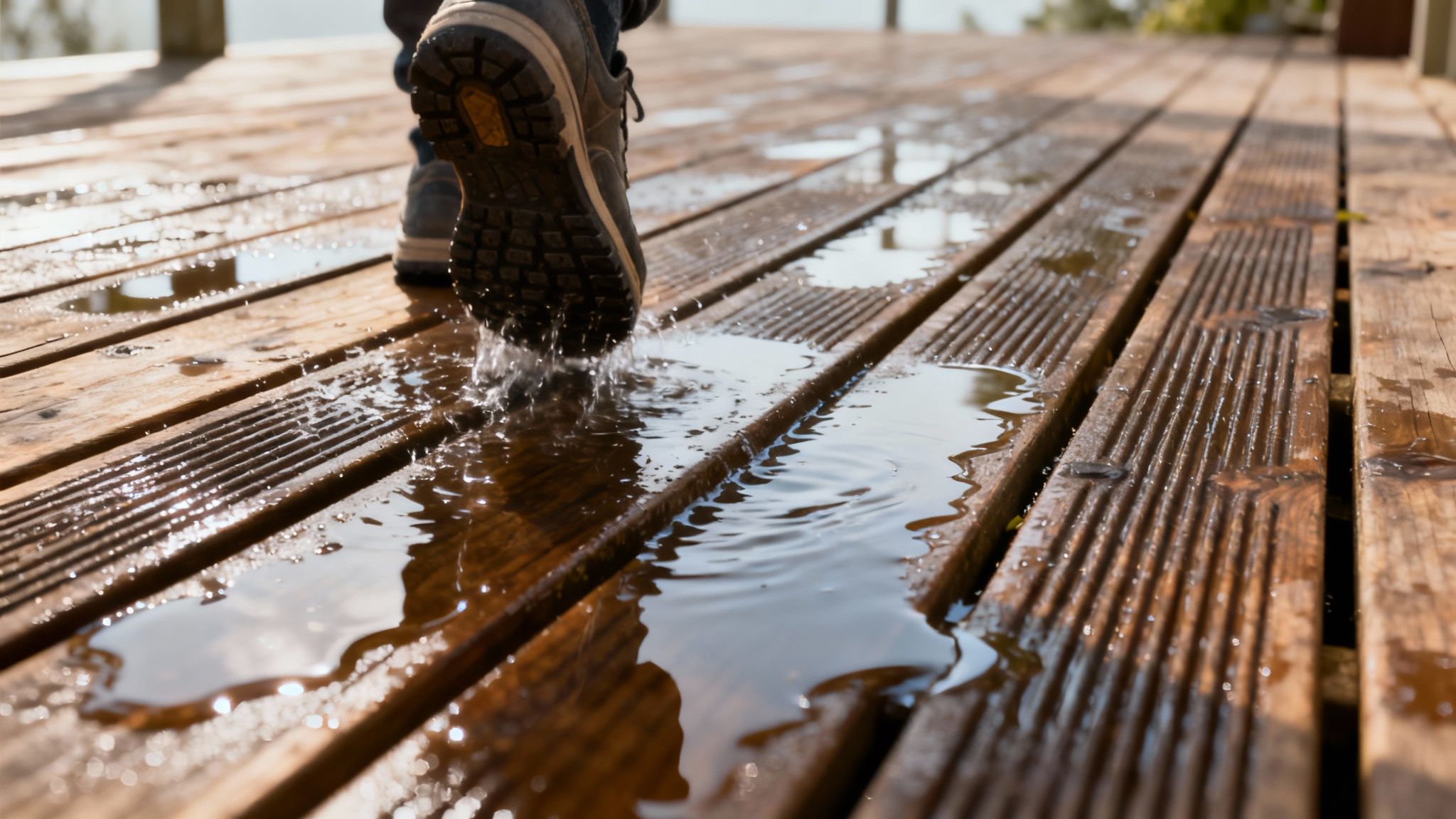 Billede af en våd, rillet træterrasse, hvor vandet tydeligt ledes væk i rillerne.