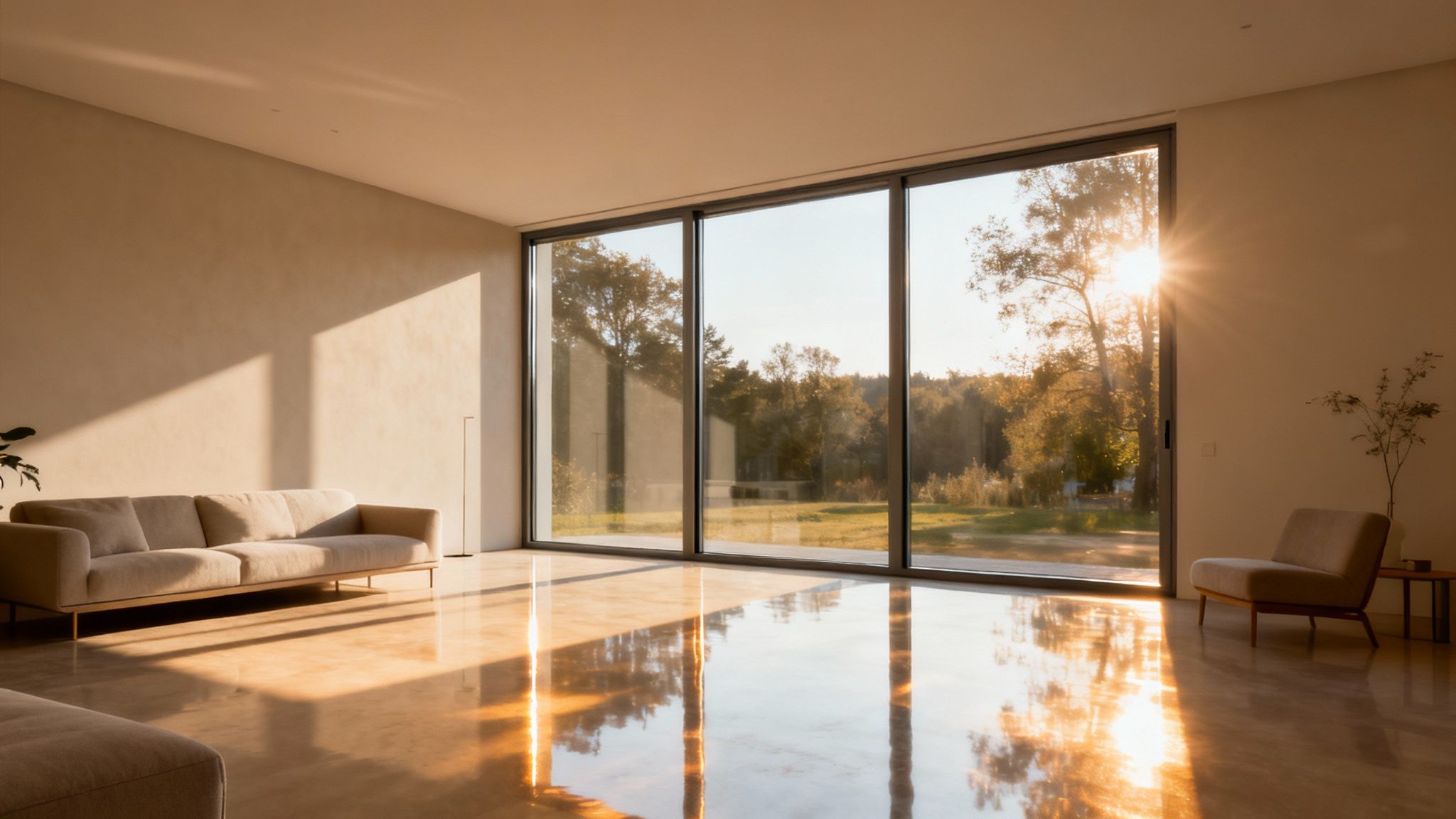 Moderne stue med store vinduer, solskin på gulvet og en beige sofa.