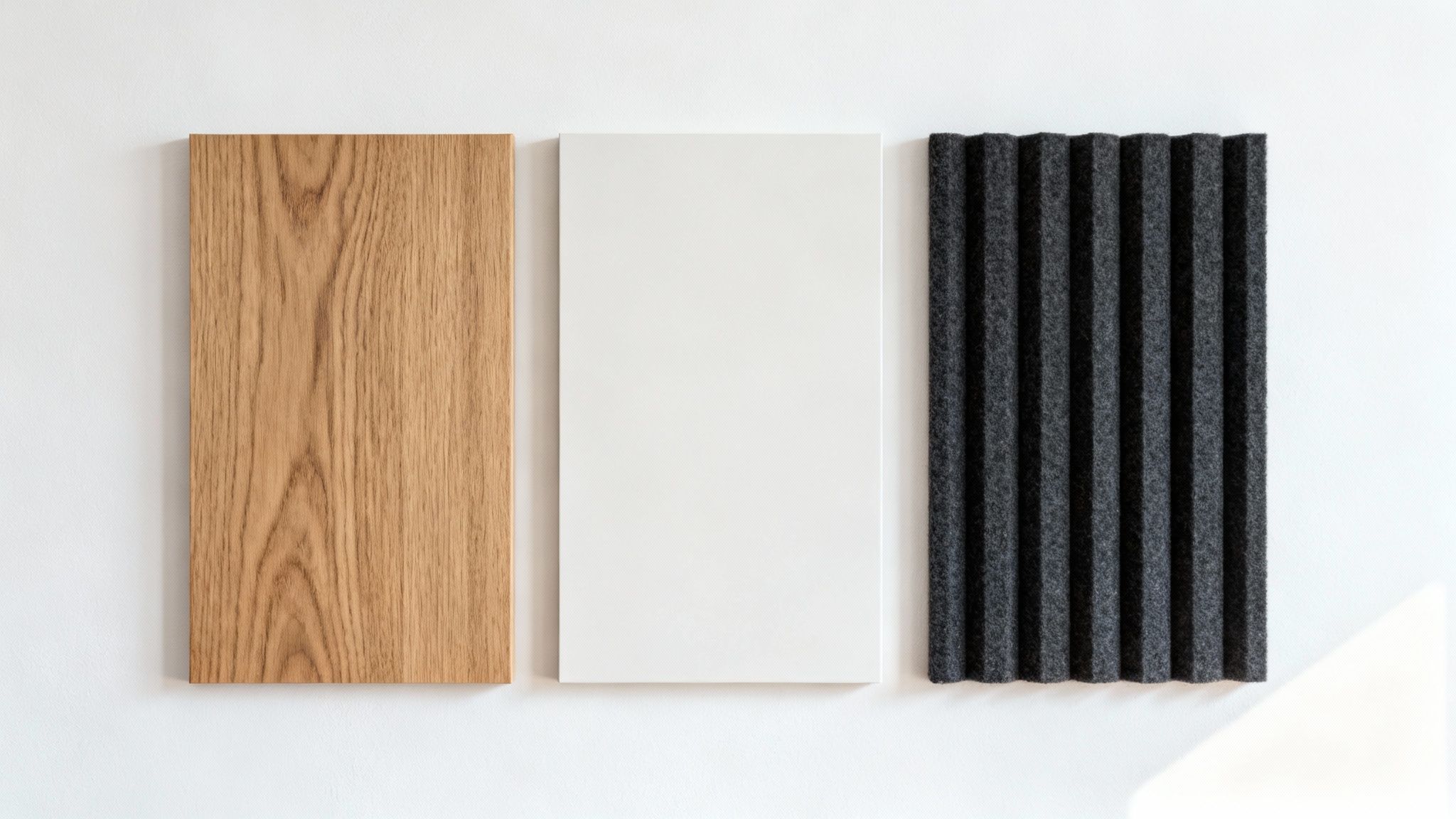 Tre forskellige vægpaneler: et af lyst træ, et hvidt og et mørkegråt akustikpanel.