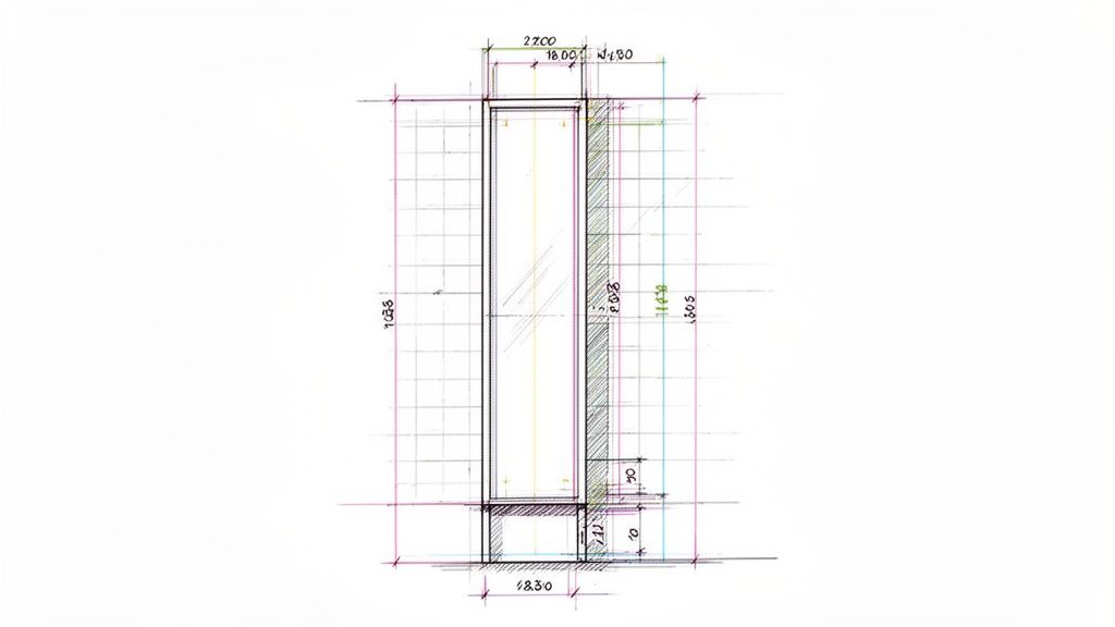 Teknisk tegning af et smalt, indbygget skab, der viser detaljerede mål for højde og bredde.