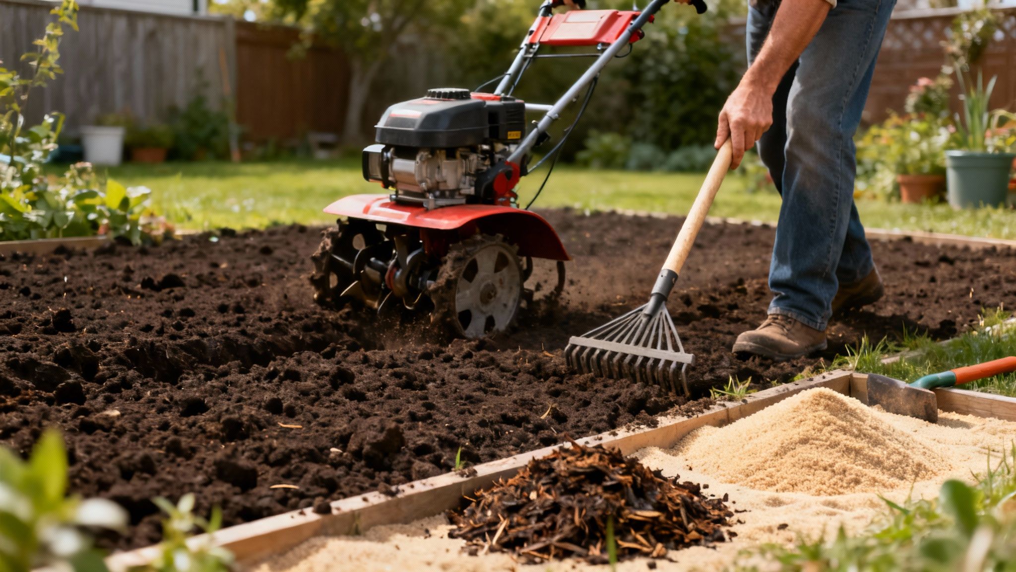 En person bruger en jordfræser i en køkkenhave, med rive, sand og træflis i forgrunden.