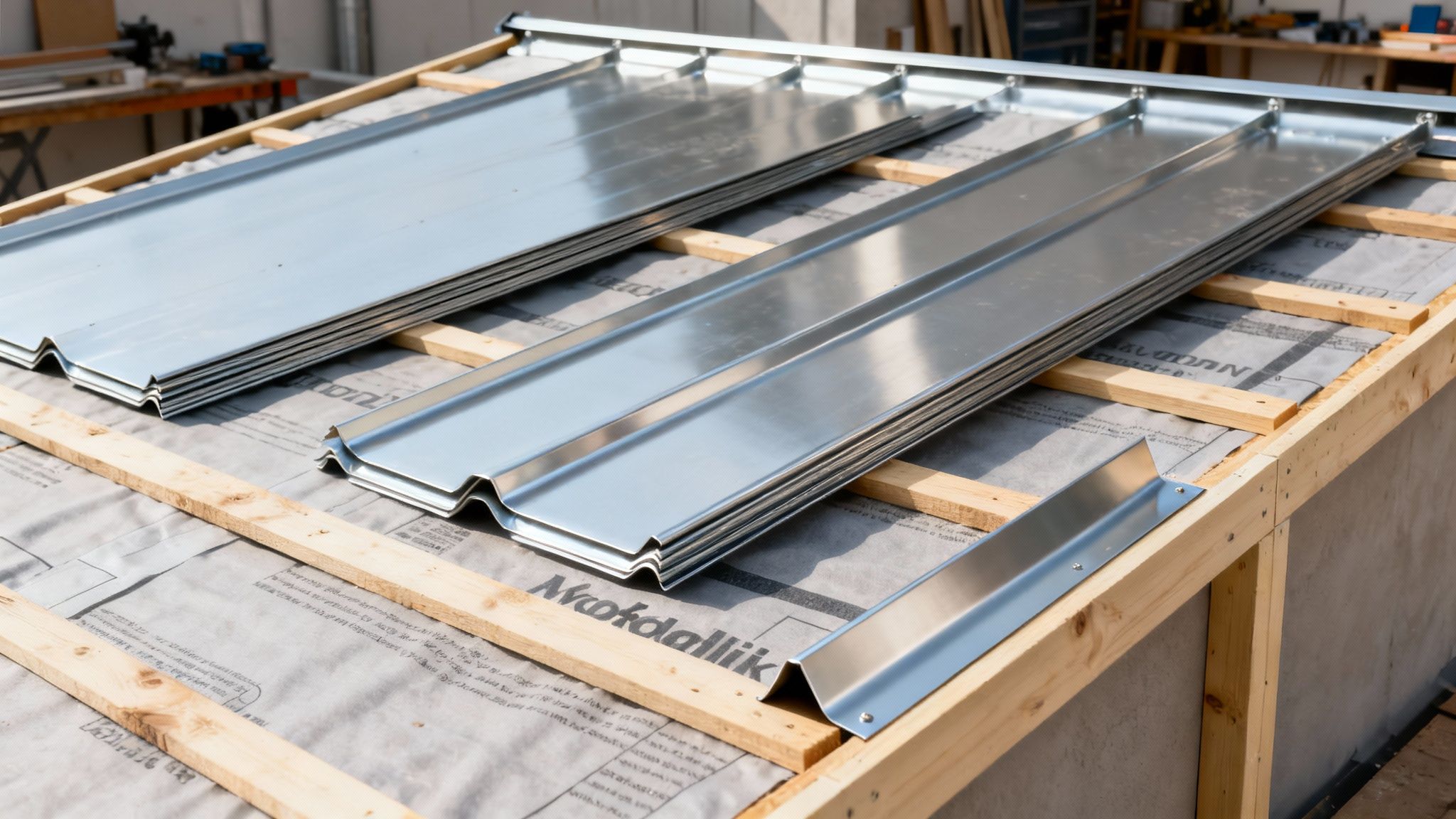 Nye, skinnende metalplader stablet på et træskelet, klar til tagdækning eller beklædning på en byggeplads.