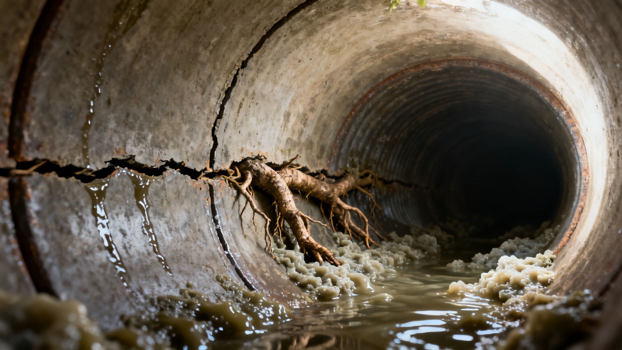 Indersiden af et beskadiget drænrør med trærødder, der vokser gennem en revne og snavset vand.