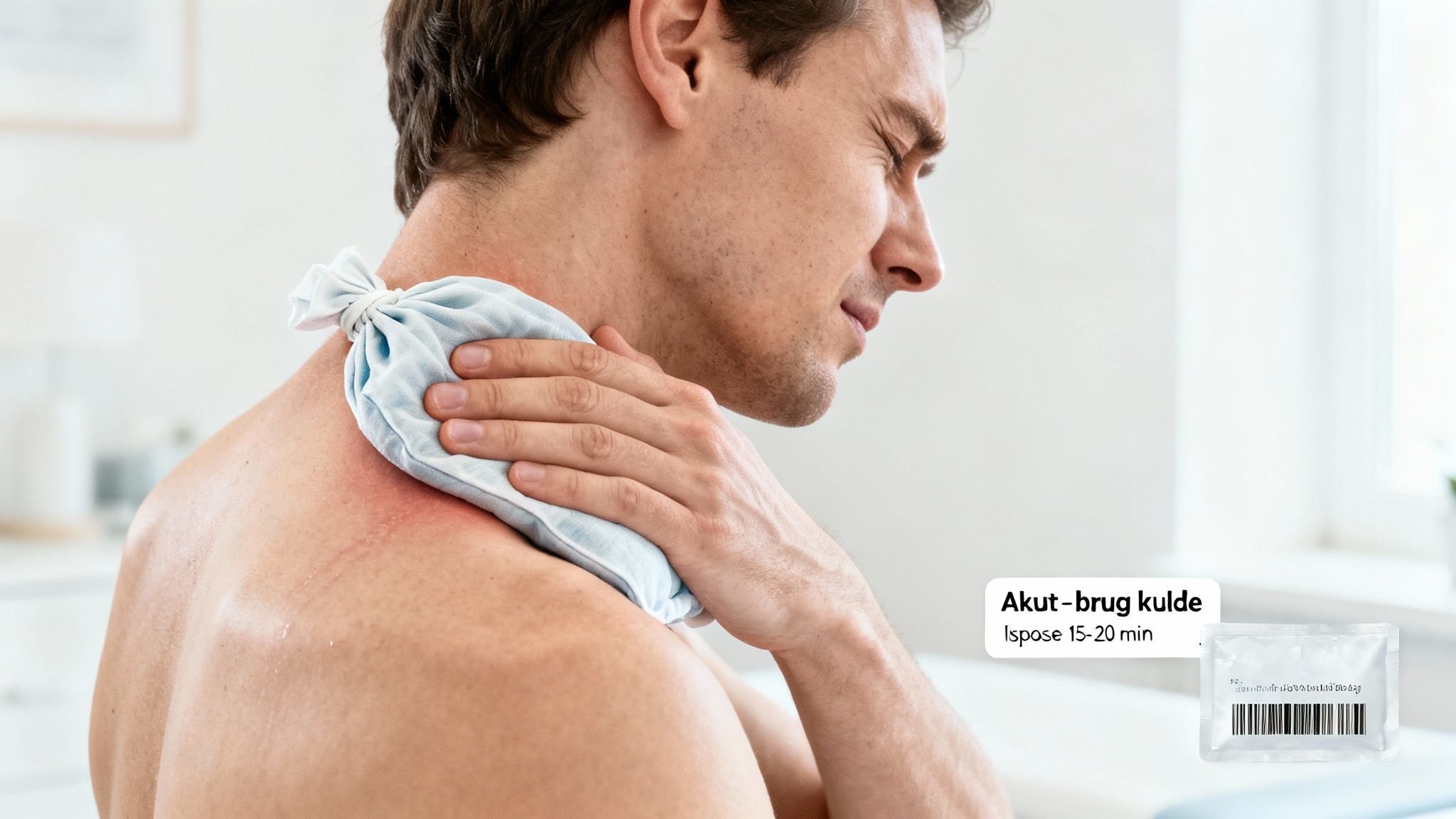 En mand med smerter i nakken og skulderen holder en ispose på et rødt, betændt område.