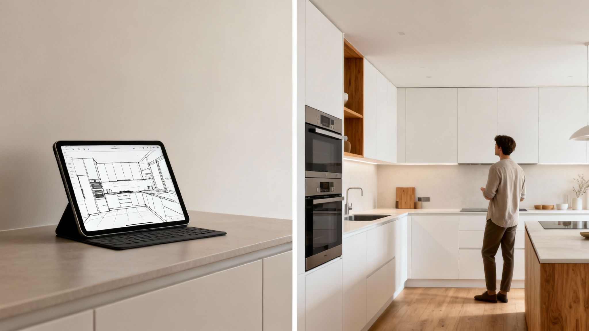 En tablet med køkken tegning og en mand, der betragter et moderne hvidt køkken.
