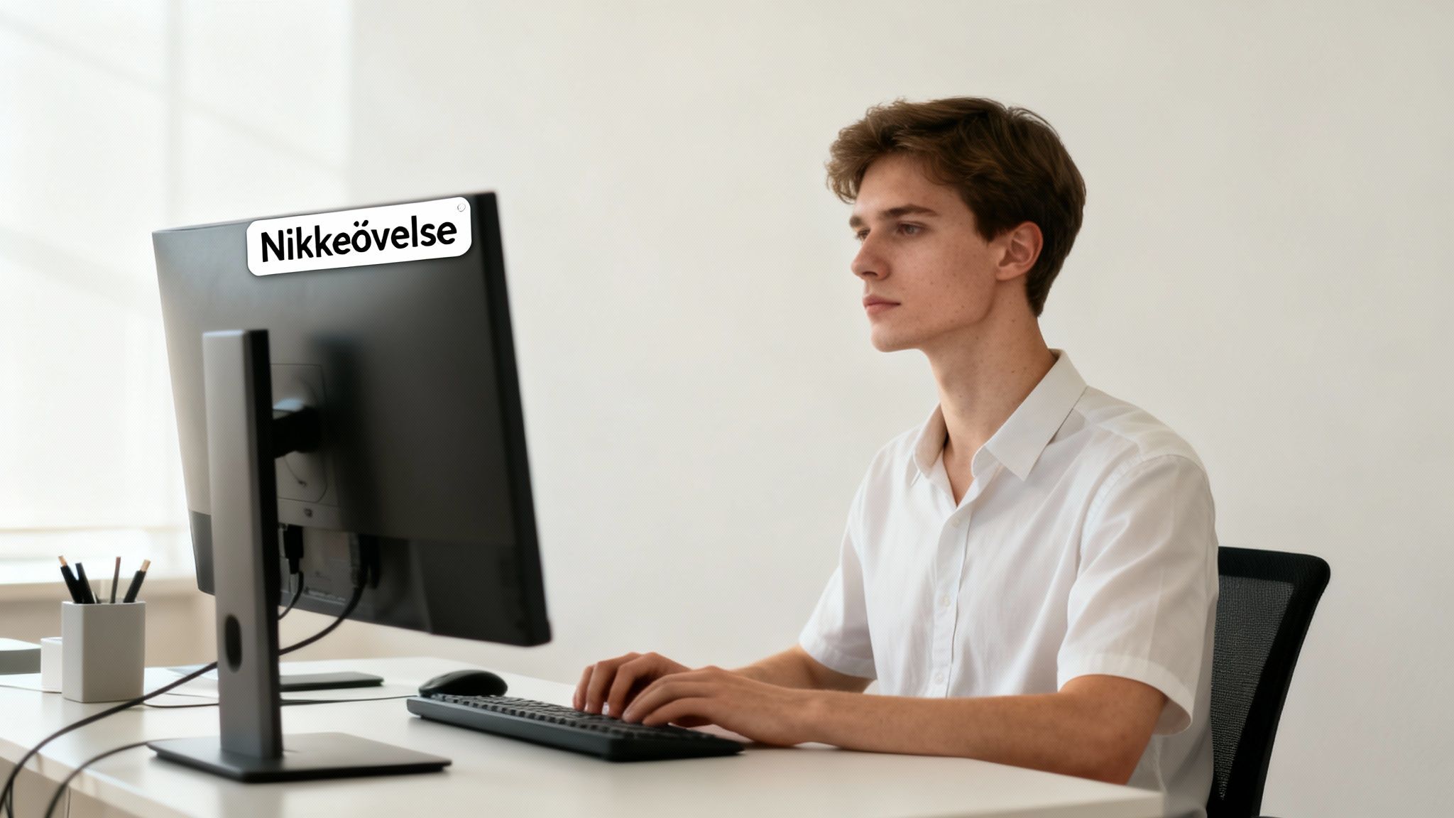 En ung mand sidder ved et computerbord og udfører nakkeøvelser, med et 'Nikkeøvelse'-skilt på skærmen.