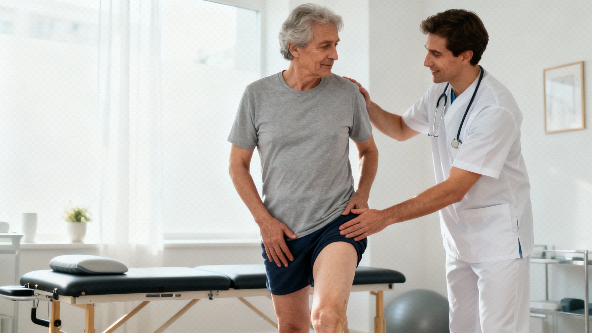 En fysioterapeut hjælper en ældre mand med hofteøvelser i et lyst lokale, under en genoptræningssession.