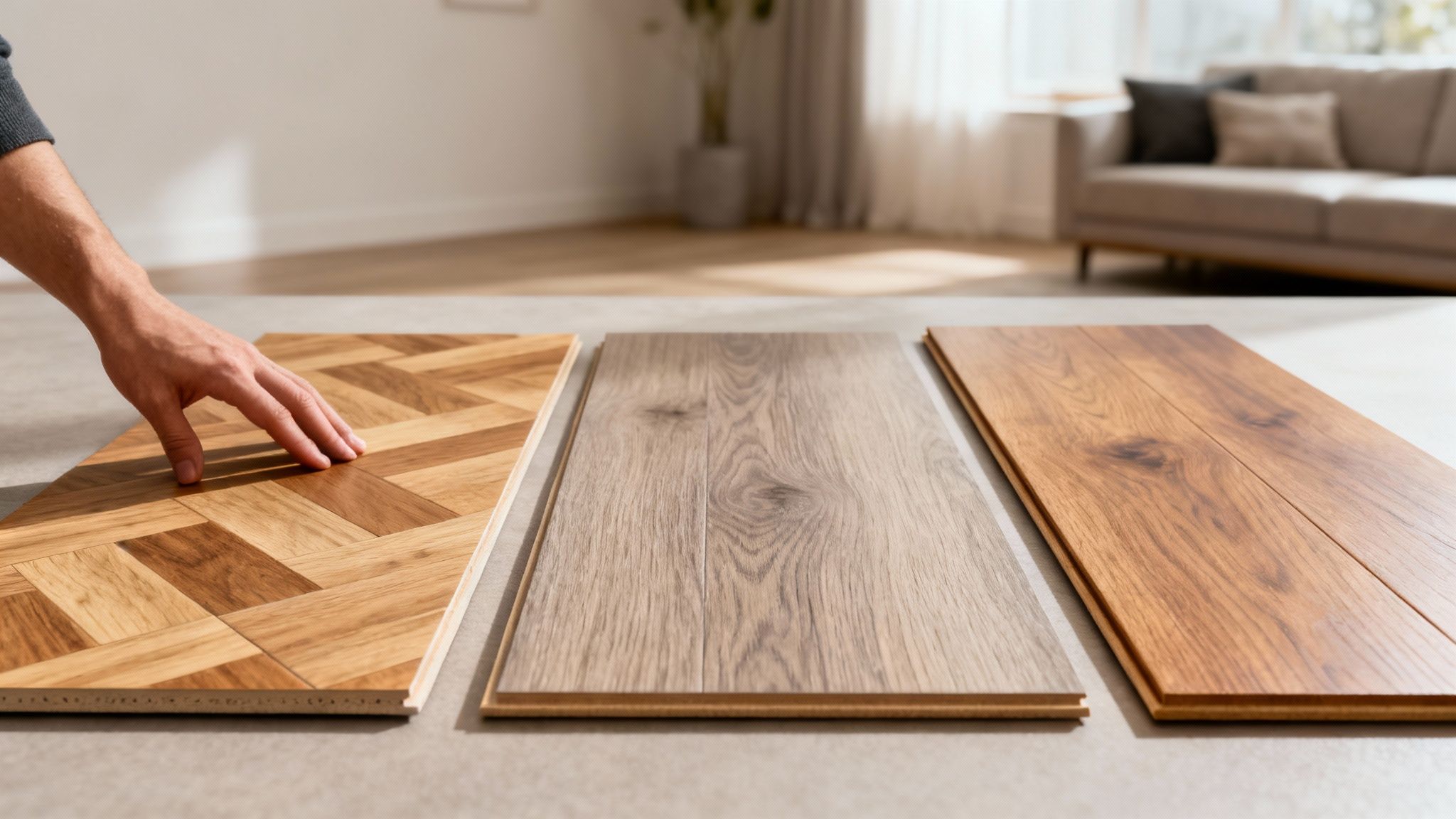 En person vælger et nyt gulv til stuen, med tre forskellige trægulvsprøver liggende på gulvet.