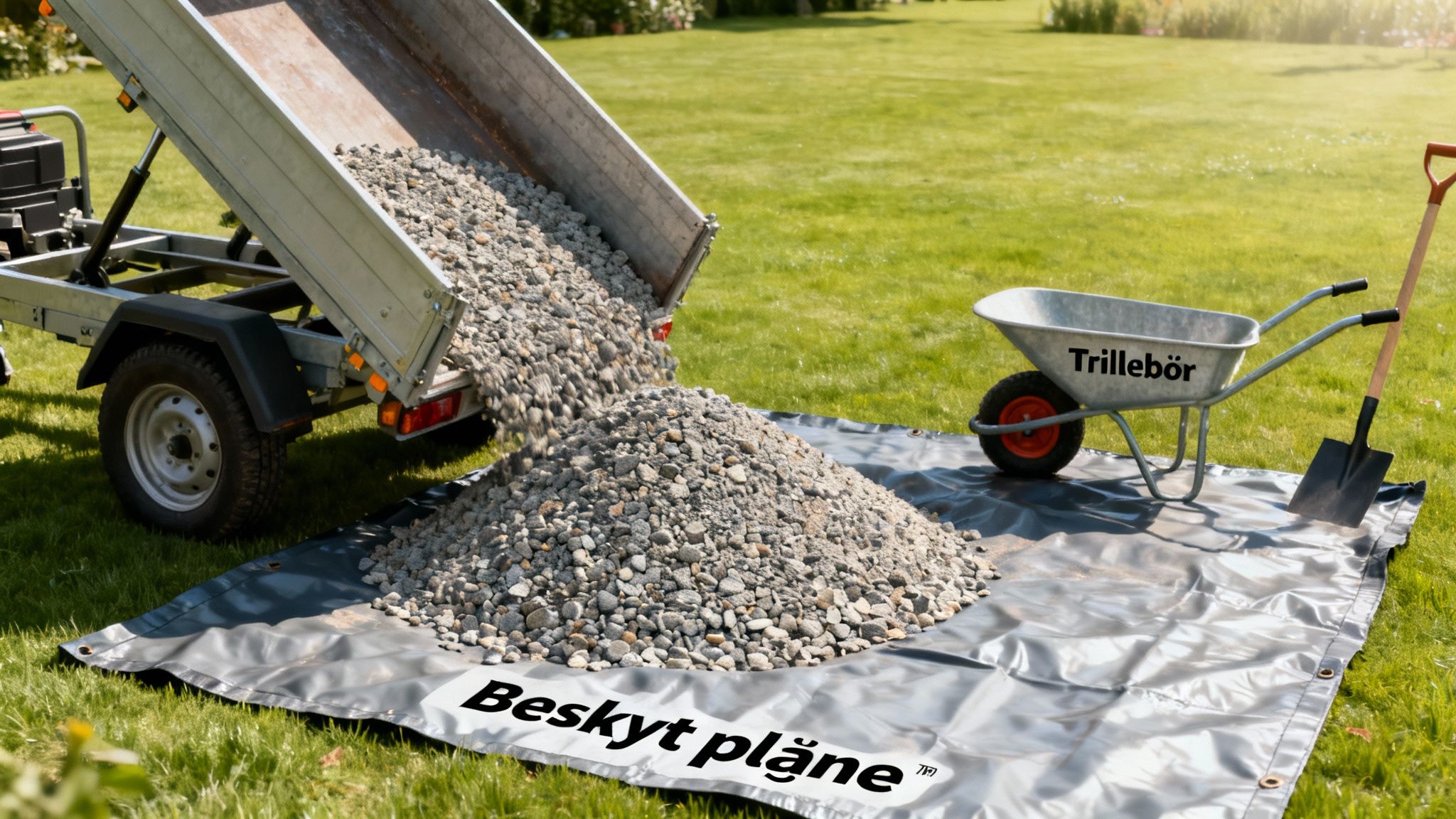 En trailer tipper grus ud på en sort presenning på græsset, med en trillebør og skovl ved siden af.