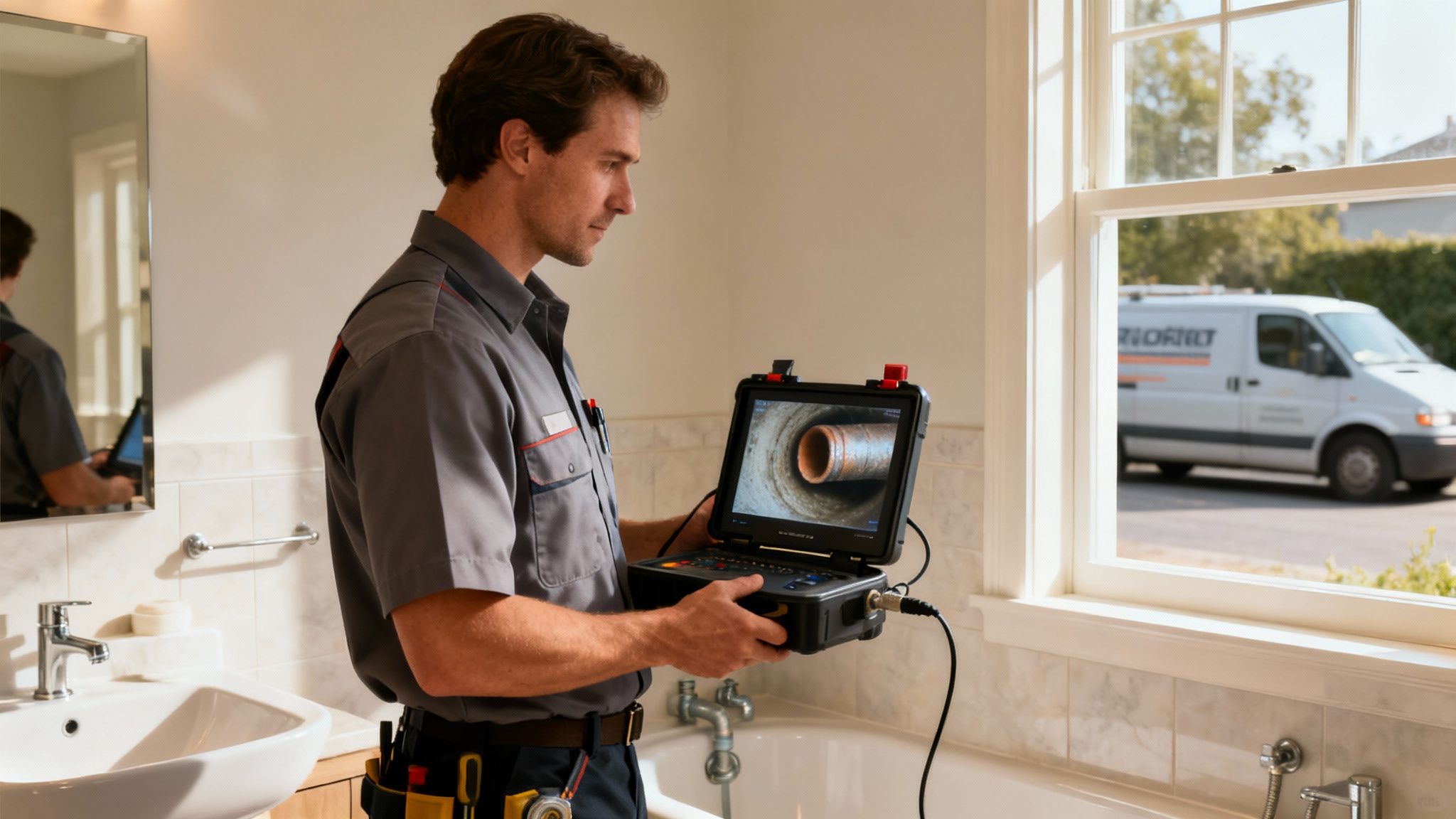 En VVS-installatør bruger kamera til rørinspektion af et stoppet afløb i et badeværelse.