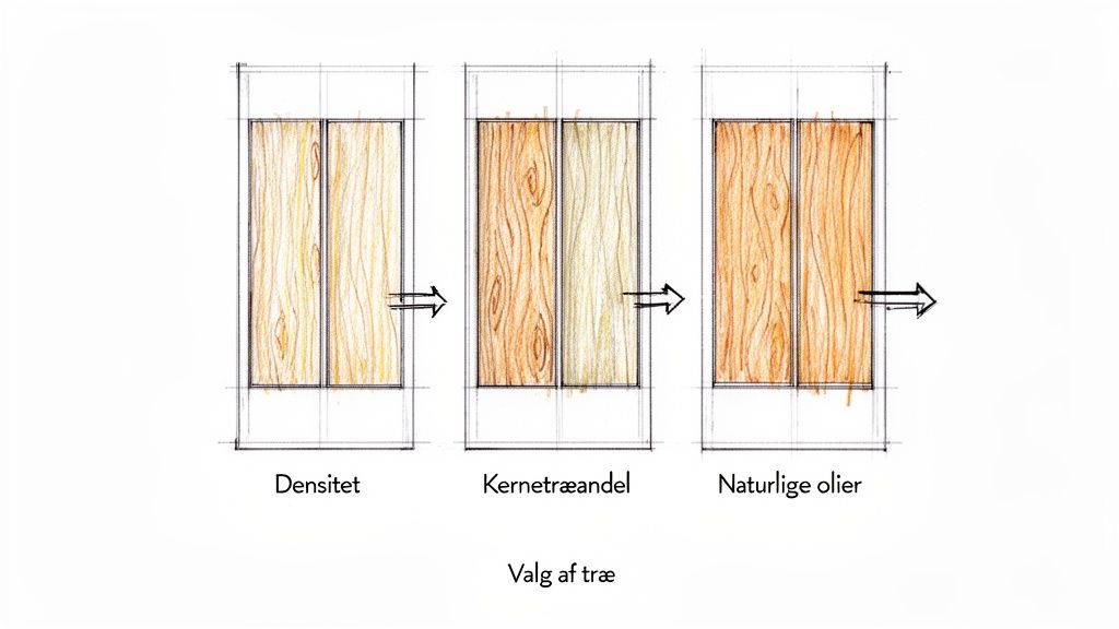 Illustration af træets densitet, kerneandel og naturlige olier, der påvirker valg af træ.