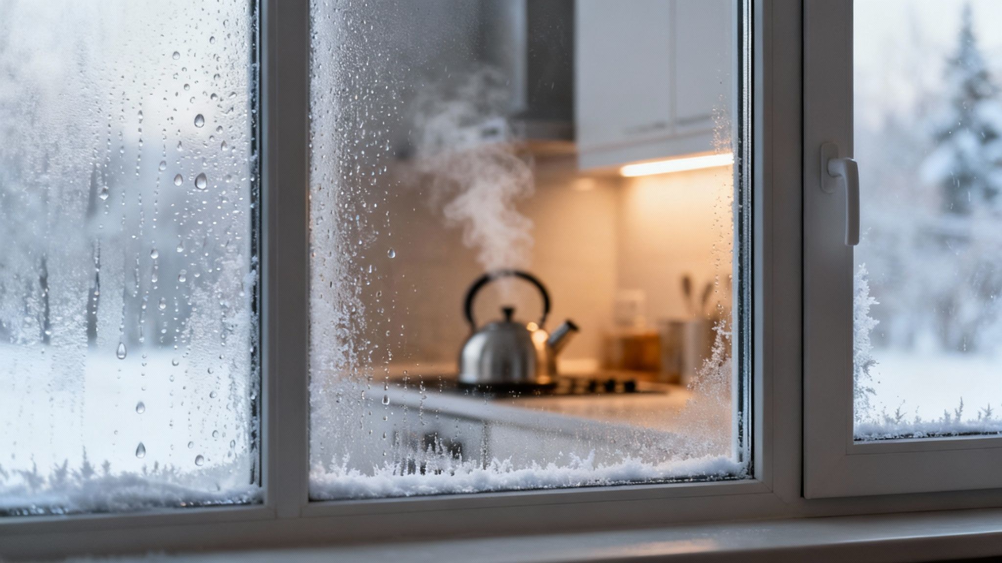 Et vindue med kondens og frost, der viser en dampende kedel i et køkken og et snedækket landskab.