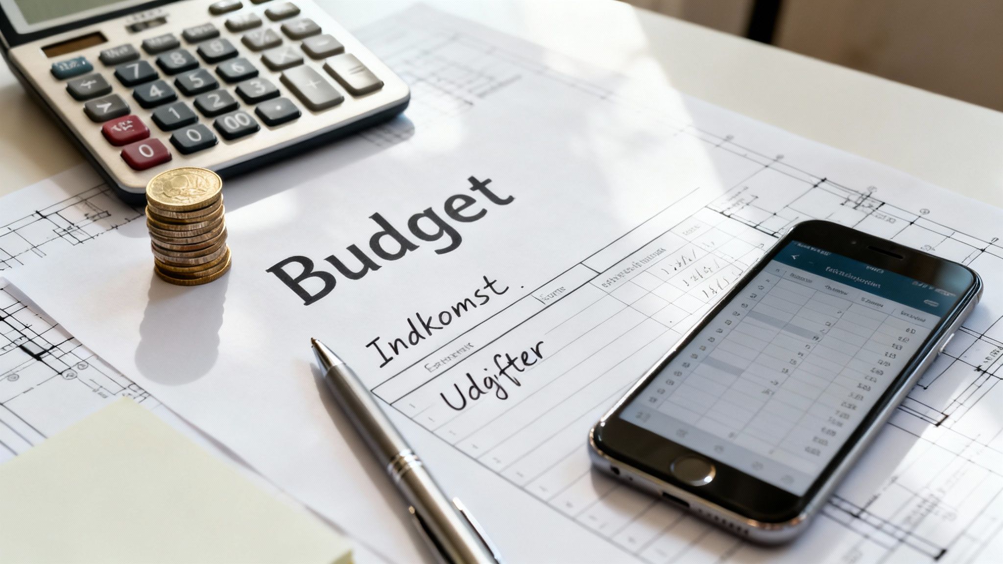 Nærbillede af et budgetdokument med indkomst og udgifter, en lommeregner, mønter og en smartphone.