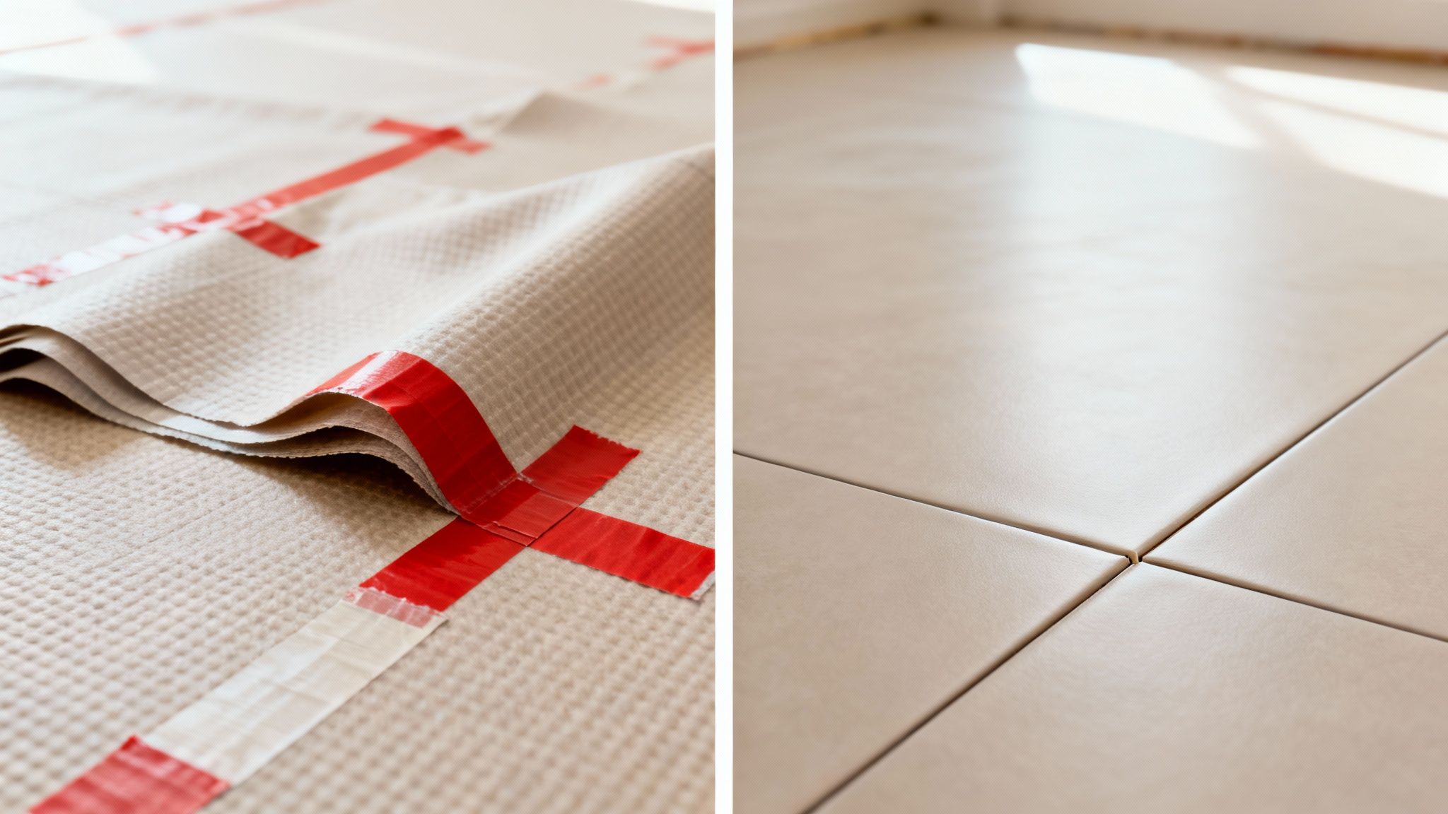 Gulvunderlag med rød tape på den ene side og lyse fliser med sollys på den anden side.