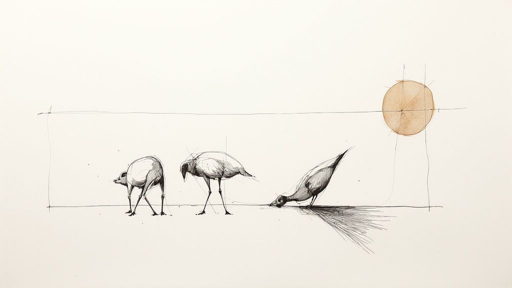 En pennetegning af tre stiliserede fugle, hvor den ene drikker, med en sollignende cirkel i baggrunden.