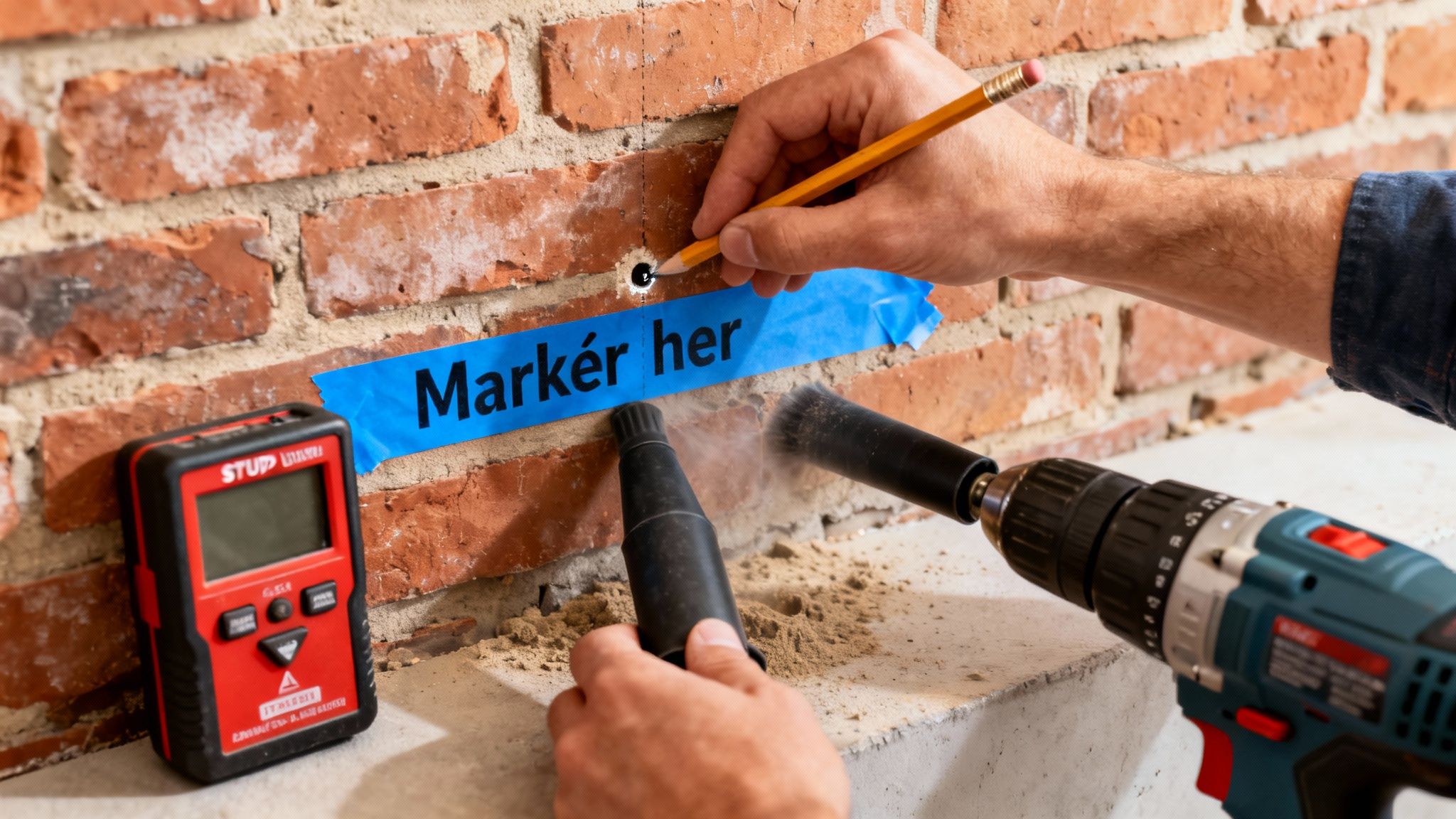 En person markerer et borehul på en murstensvæg med blyant. Blåt tape og boreudstyr ses også.