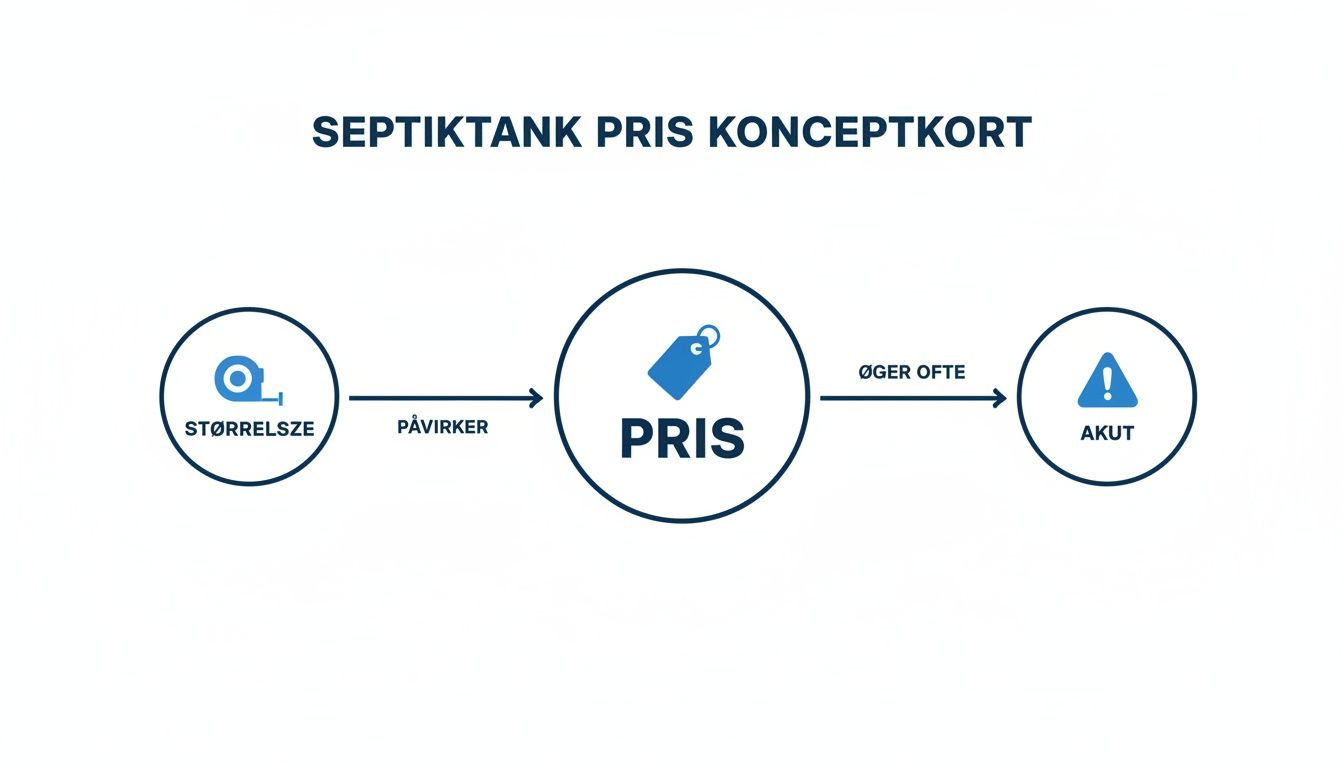 Konceptkort der viser, hvordan septiktankens størrelse og akutte situationer påvirker prisen.