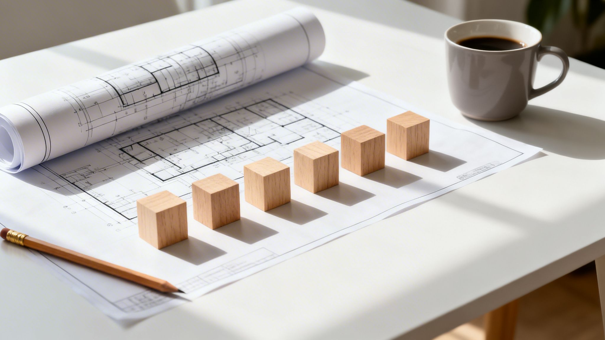 Arkitekttegninger, træklodser, kaffekop og blyant på et lyst bord i sollys.