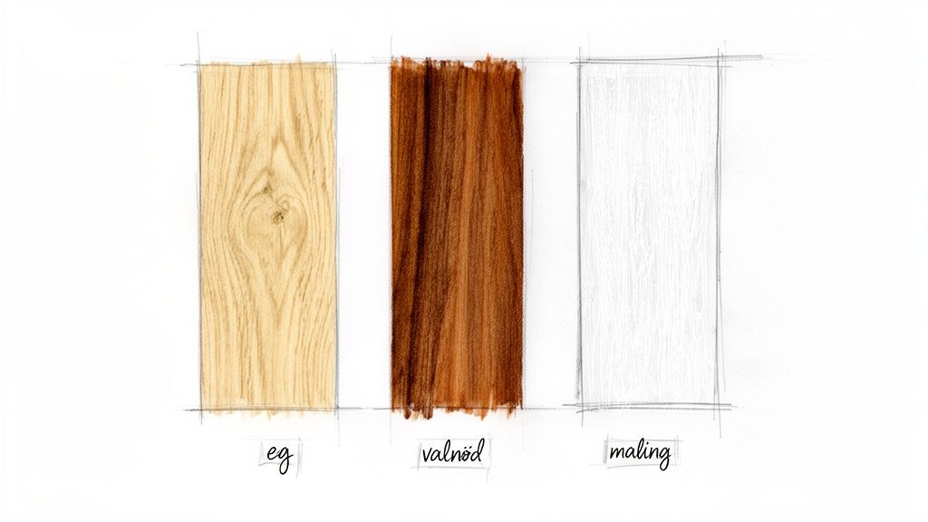 Tre prøver af træmaterialer: lys eg, mørk valnød og hvid maling, med håndskrevne etiketter.