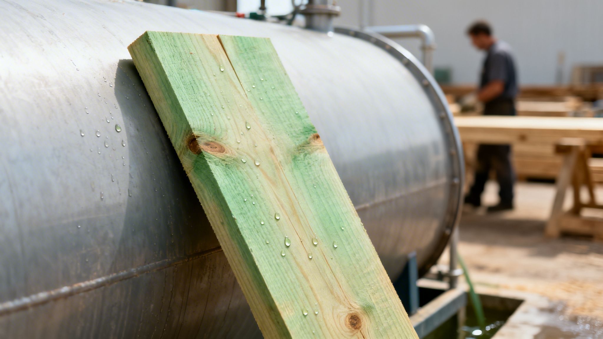 Trykimprægneret træbræt med vanddråber læner sig op ad en stor metaltank, med en arbejder i baggrunden.