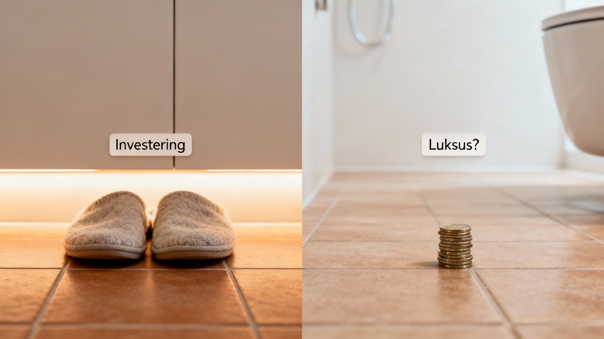Et par hjemmesko med teksten 'Investering' og en stak mønter med teksten 'Luksus?' på flisegulv.