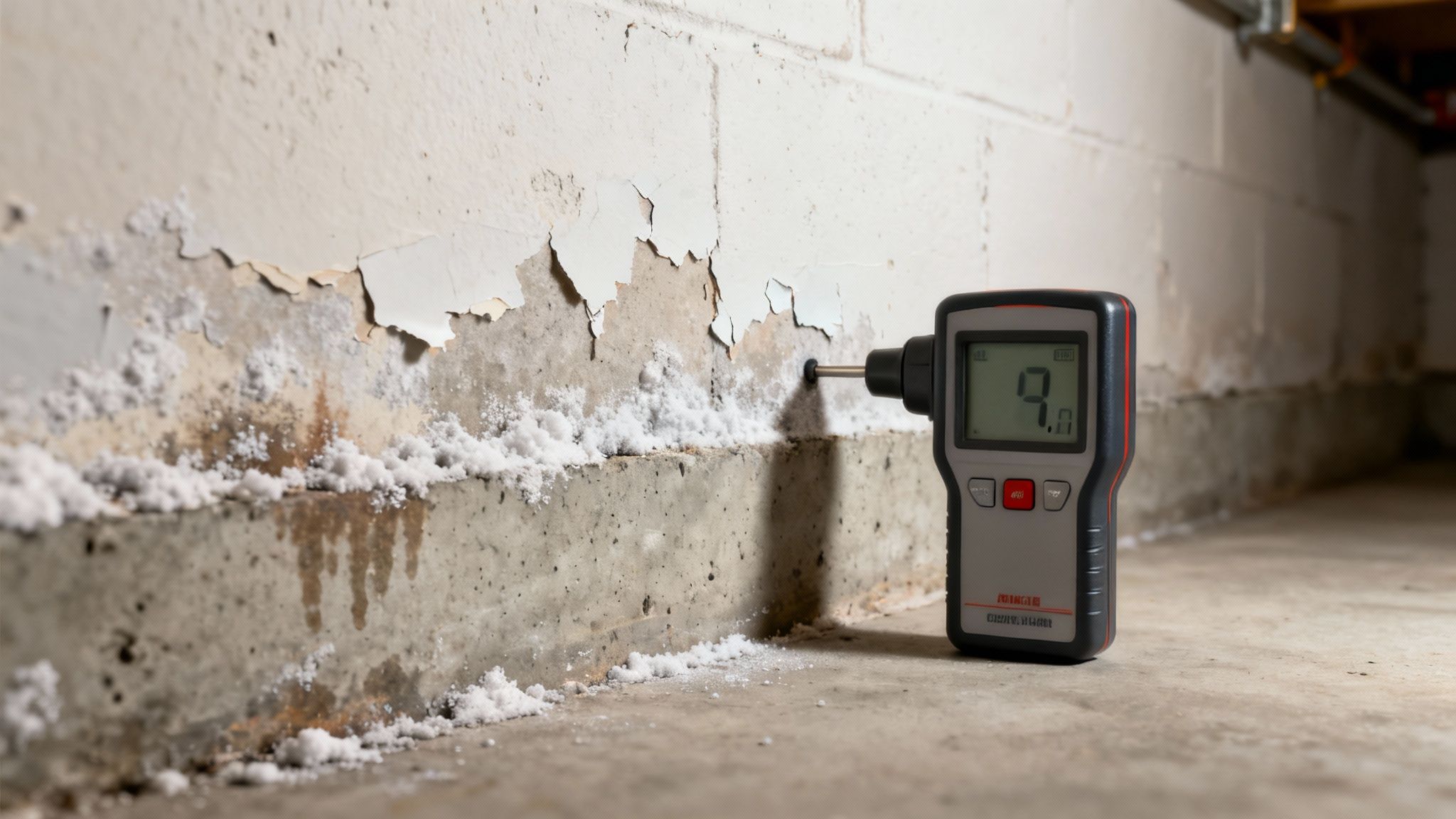 Kældervæg med tegn på fugtproblemer før isolering